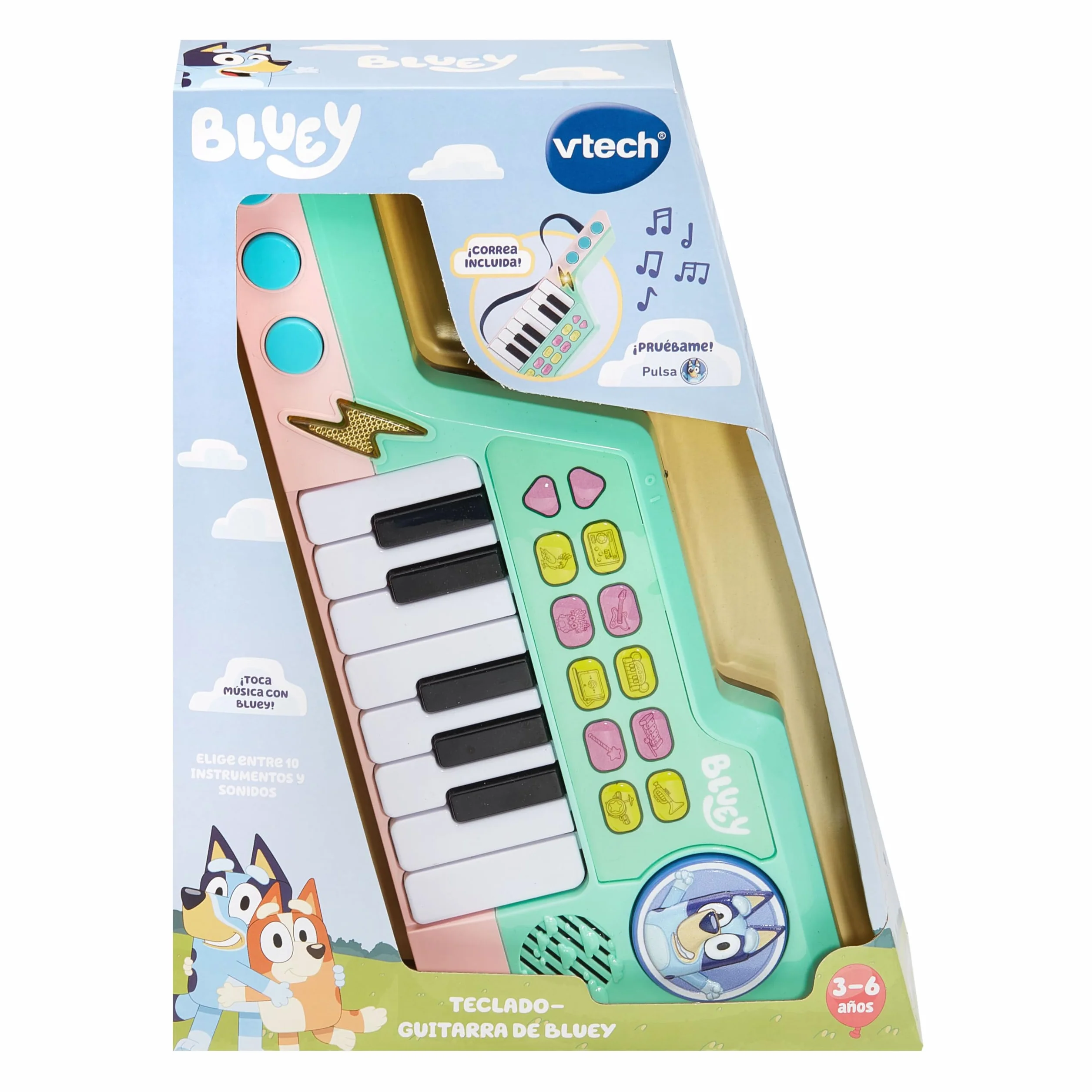 VTech - Teclado-Guitarra de Bluey, Piano y Guitarra interactiva 2 en 1, Elige Entre 10 Instrumentos y Sonidos, CREA Tus propias melodías, Regalo niños +3 años, Versión ESP