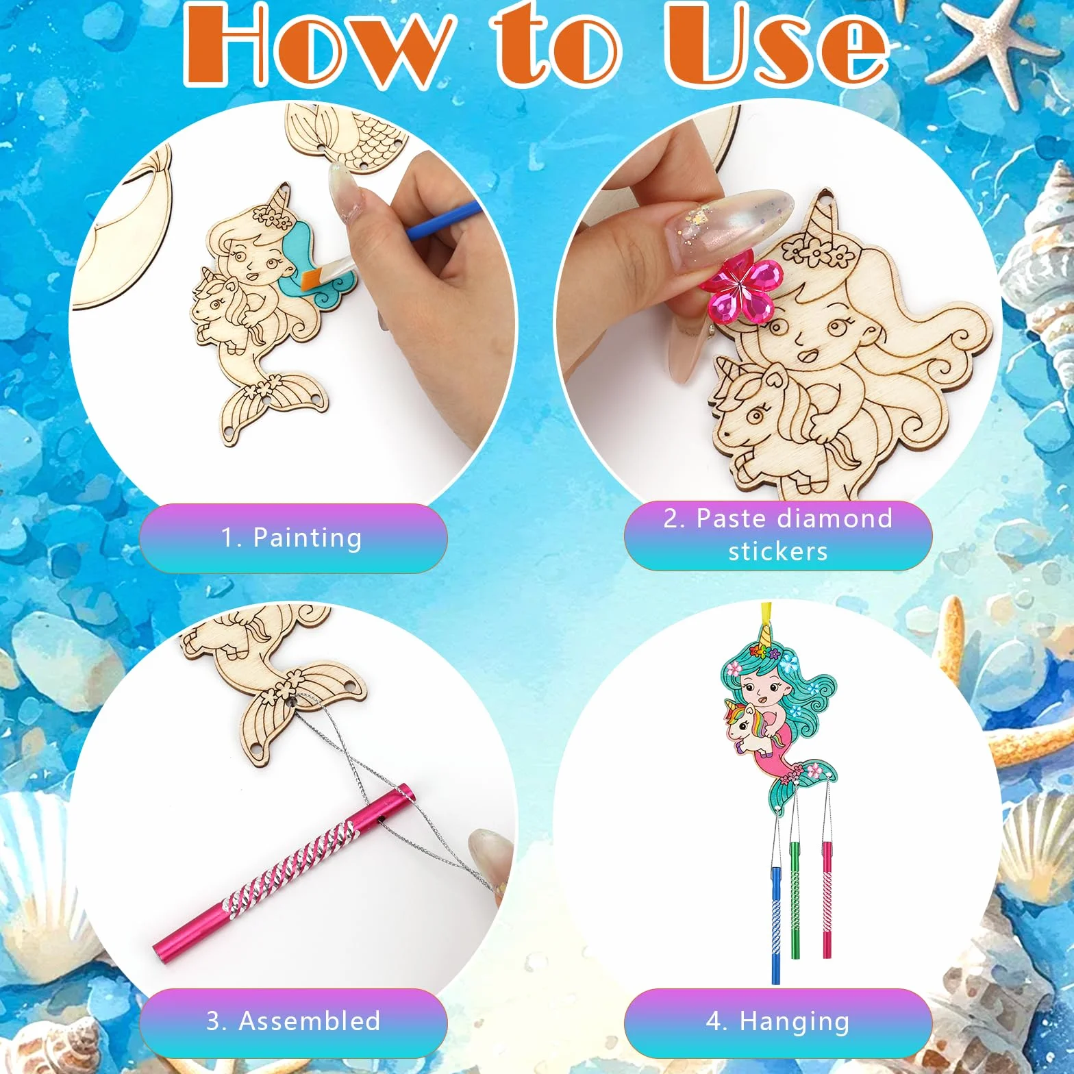 SRIZIAN 10piezas Sirena Manualidades para Niñas Kit de Manualidades de Campanillas de Viento de Madera de Sirena Regalos Manualidades Decoración para Fiestas Puertas y Jardines Bricolaje