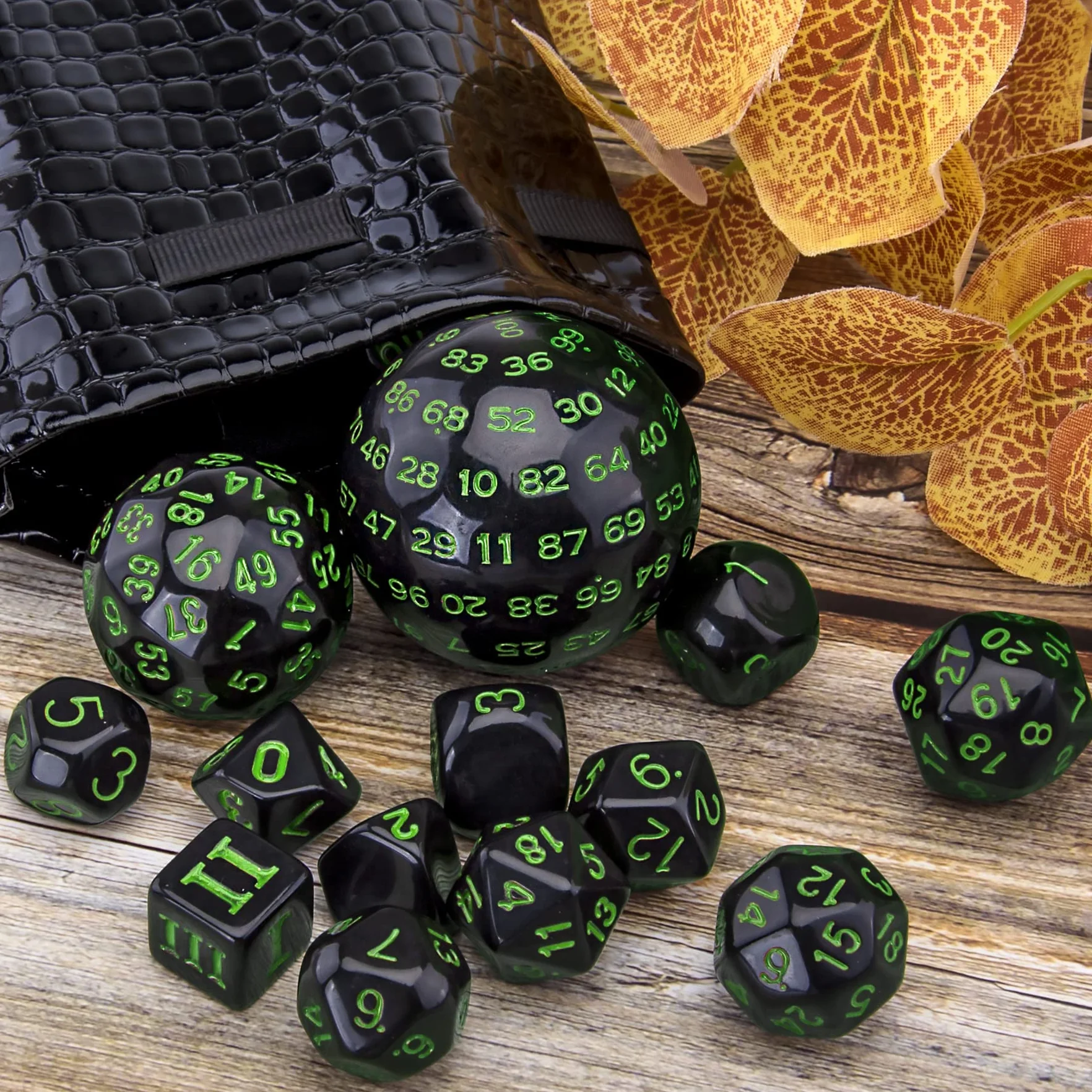 SIQUK 15 Piezas Dados Poliédricos D3-D100 para DND RPG, Negro y Verde