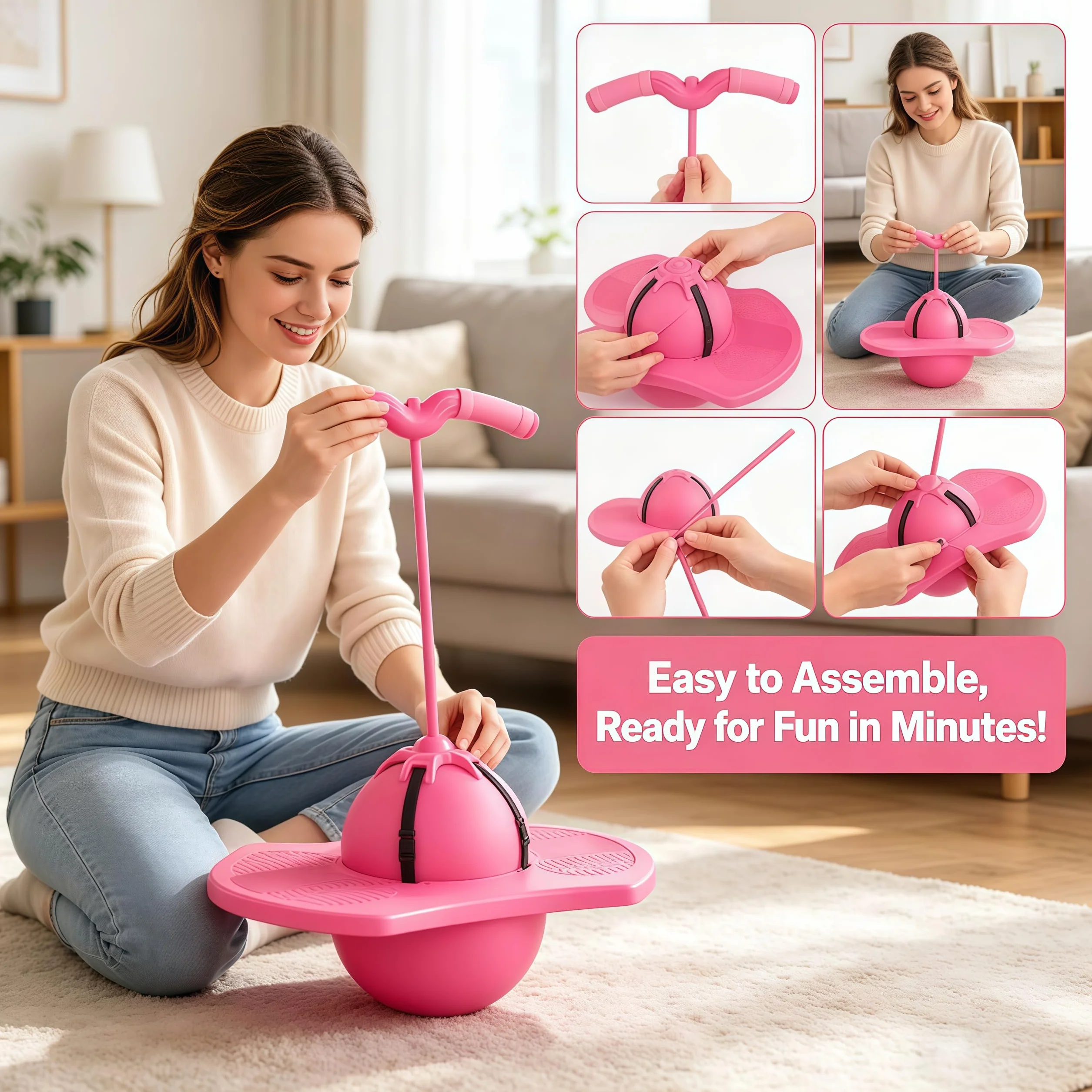 Balón de Salto Equilibrado, Pelota Saltarina con Mango,Balón para Saltar, Pelota de Salto de Pogo,con Bomba, para Interior Exterio (Rosa)