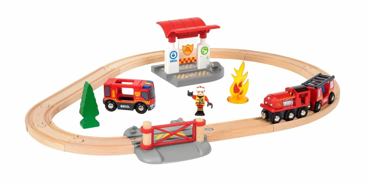 BRIO World - Set de Ferrocarril de Bomberos, Ferrocarriles, Set de Construcción de Madera, Tren Juguete, Juguetes Niños 3 Años o más, Juegos Educativos 3 Años