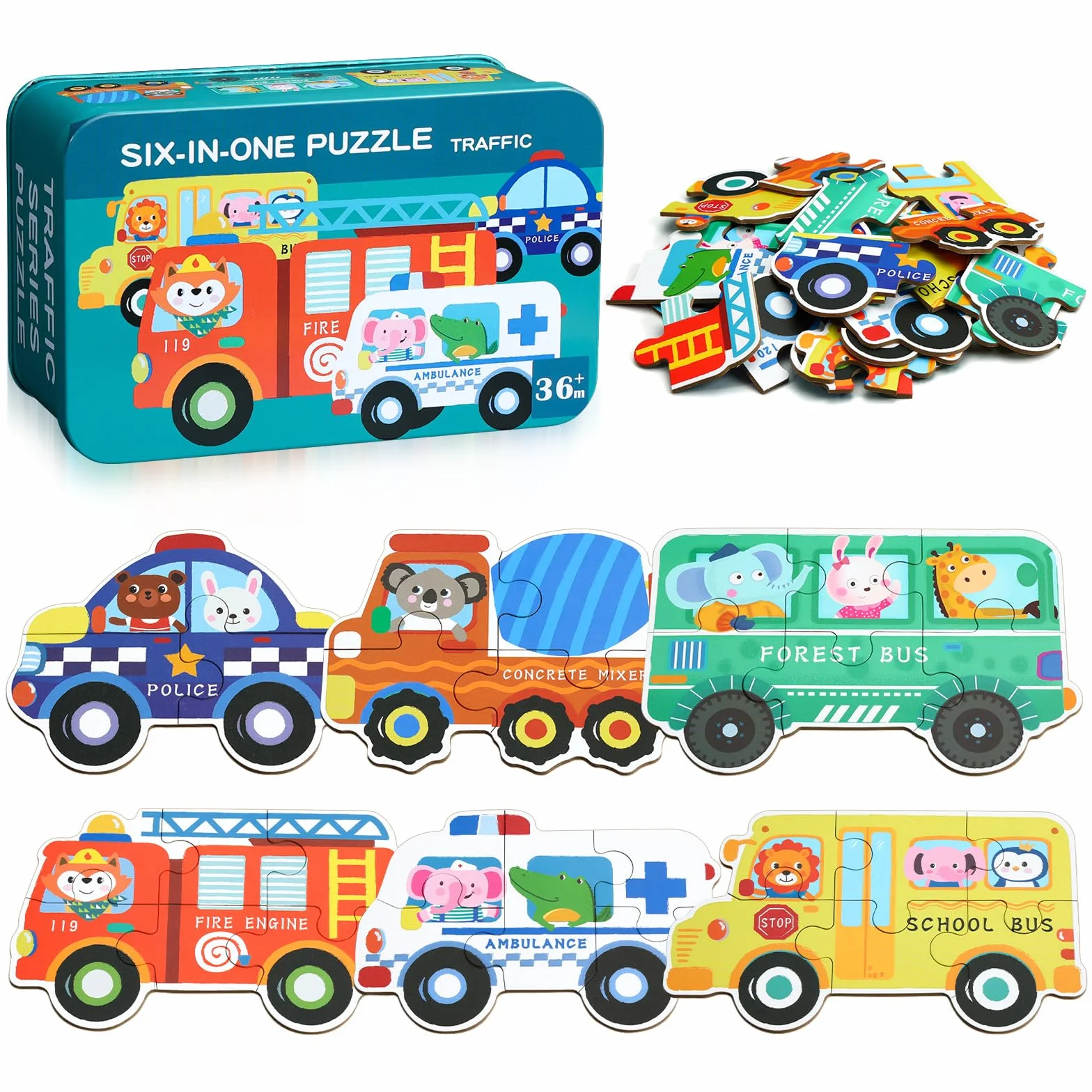 BBLIKE Puzzle 3 Años Juguetes Educativos Montessori, Puzzle Infantil 6 en 1 con Caja de Almacenamiento, Regalo para Niños 1-5 Años Conocer Animales y Automóviles, Juegos Didácticos Preescolar (Bus)