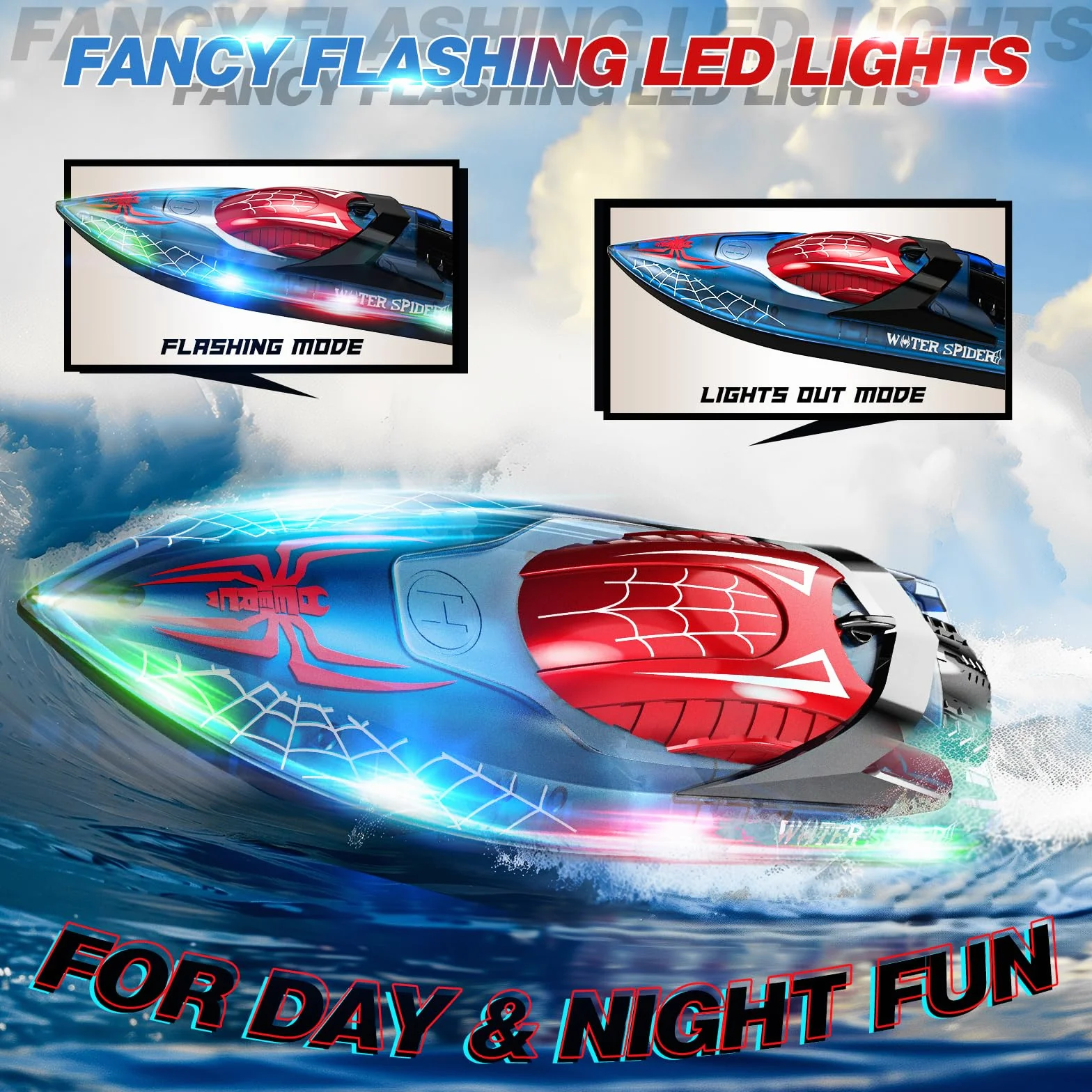 DEERC Barco Teledirigido Spider con luz LED para niños, Barco RC Totalmente proporcional de 2,4 GHz para Piscinas y Lagos, Tiempo de ejecución de 80 Minutos, Juguetes para Piscinas