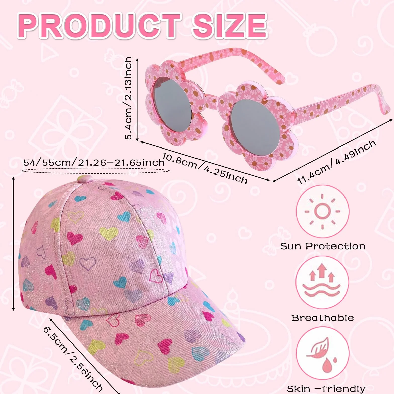 Gorra de Niña con Visera y Gafas de Sol Florales Set Verano Transpirable Ajustable 52-56 cm Rosa