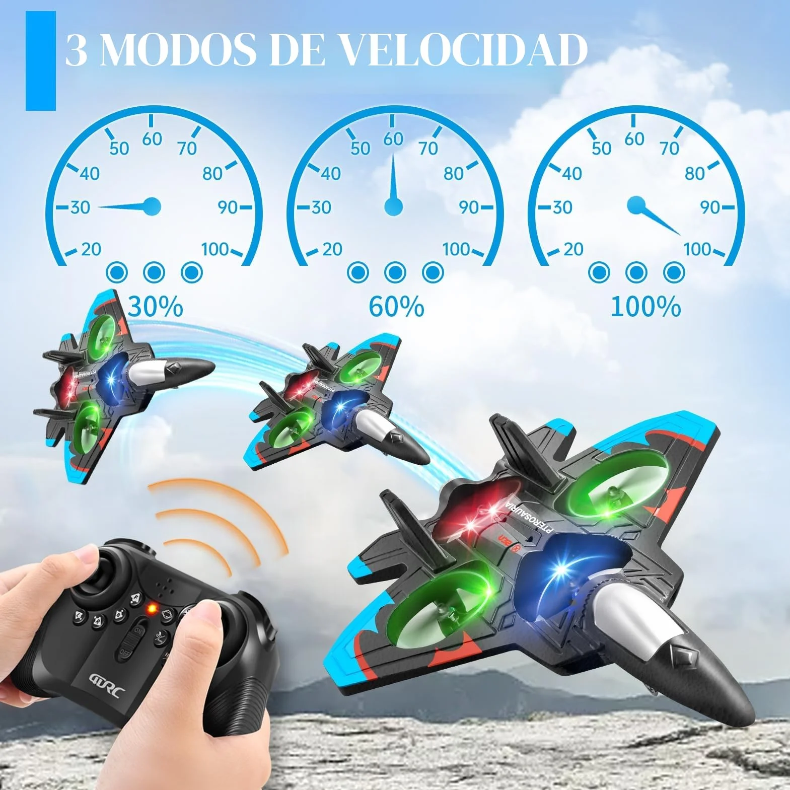 4DRC Avión V32 Controlado por Radio, para Niños >8 Años, Jet con Luces, Giro 360°, Mantenimiento de Altura, Modo sin Cabeza, Arranque un Clic, Regalo de Juguete al Aire Libre para Adultos y Niños