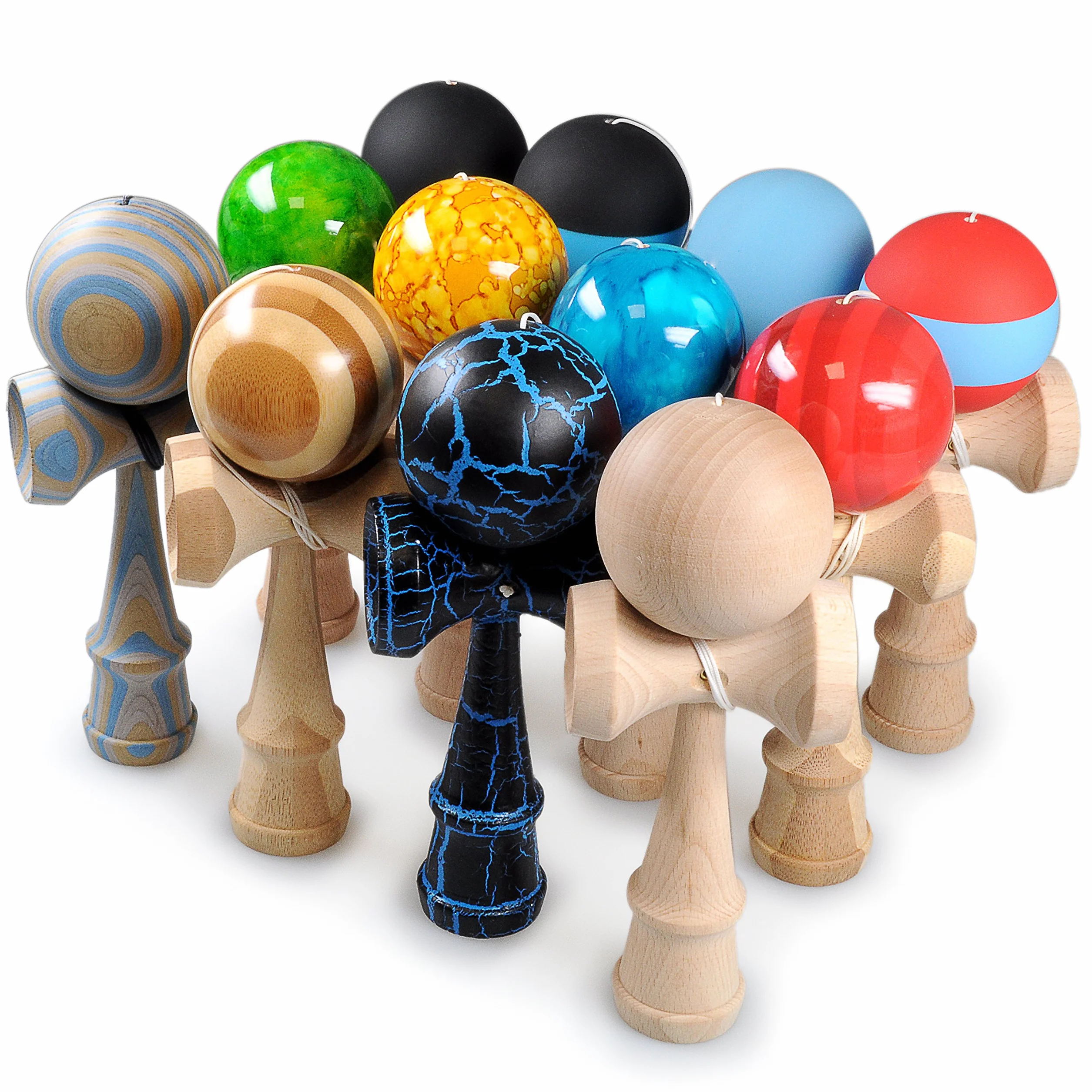 Ganzoo Kendama japonés Tradicional de Haya, Bola Perforada Aprox. 6 cm con Cuerda de Nylon, 3 Tazas de Captura en el Cuerpo, Acabado Lacado, Juguete de destreza con Cara Angry, Azul y Negro