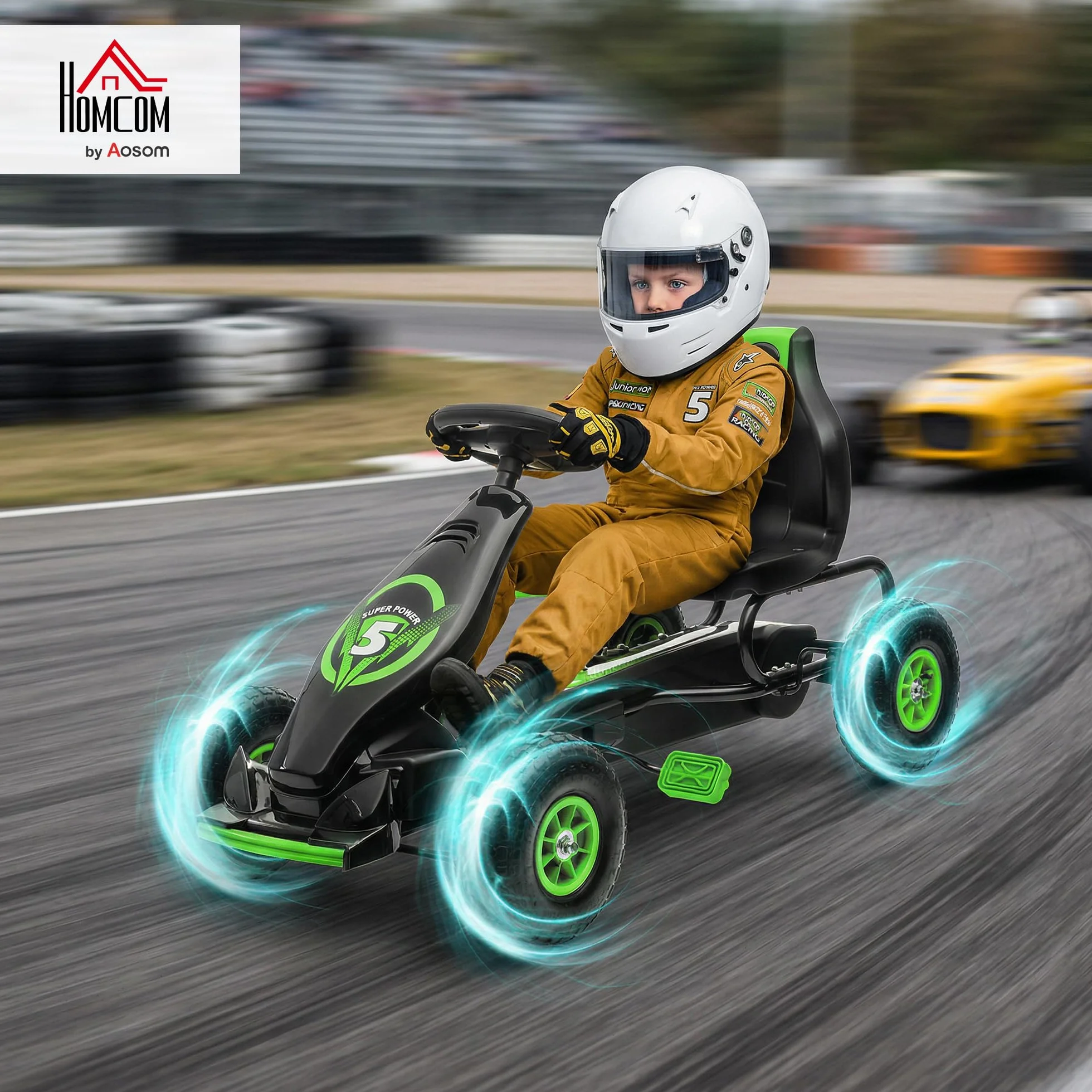 HOMCOM Kart Pedales Coche de Pedales para Niños de 5-12 Años con Asiento Ajustable Neumáticos Inflables Amortiguador y Freno de Mano Carga 50 kg Verde