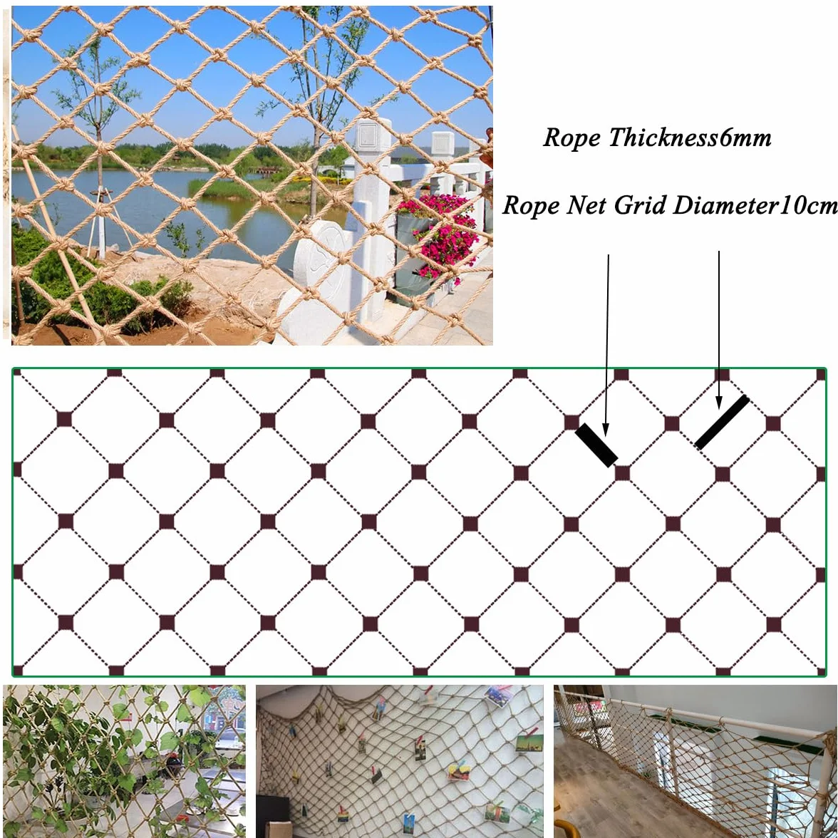 Red de Cuerda Decorativa,Red de Cáñamo y Yute con Decoración Natural,Cuerda de Cáñamo de 6 mm de Grosor,Red Protectora para Balcones, Escaleras, Vallas, Jardines y Zonas de (Size:1mx9m(3.2x29.5ft))