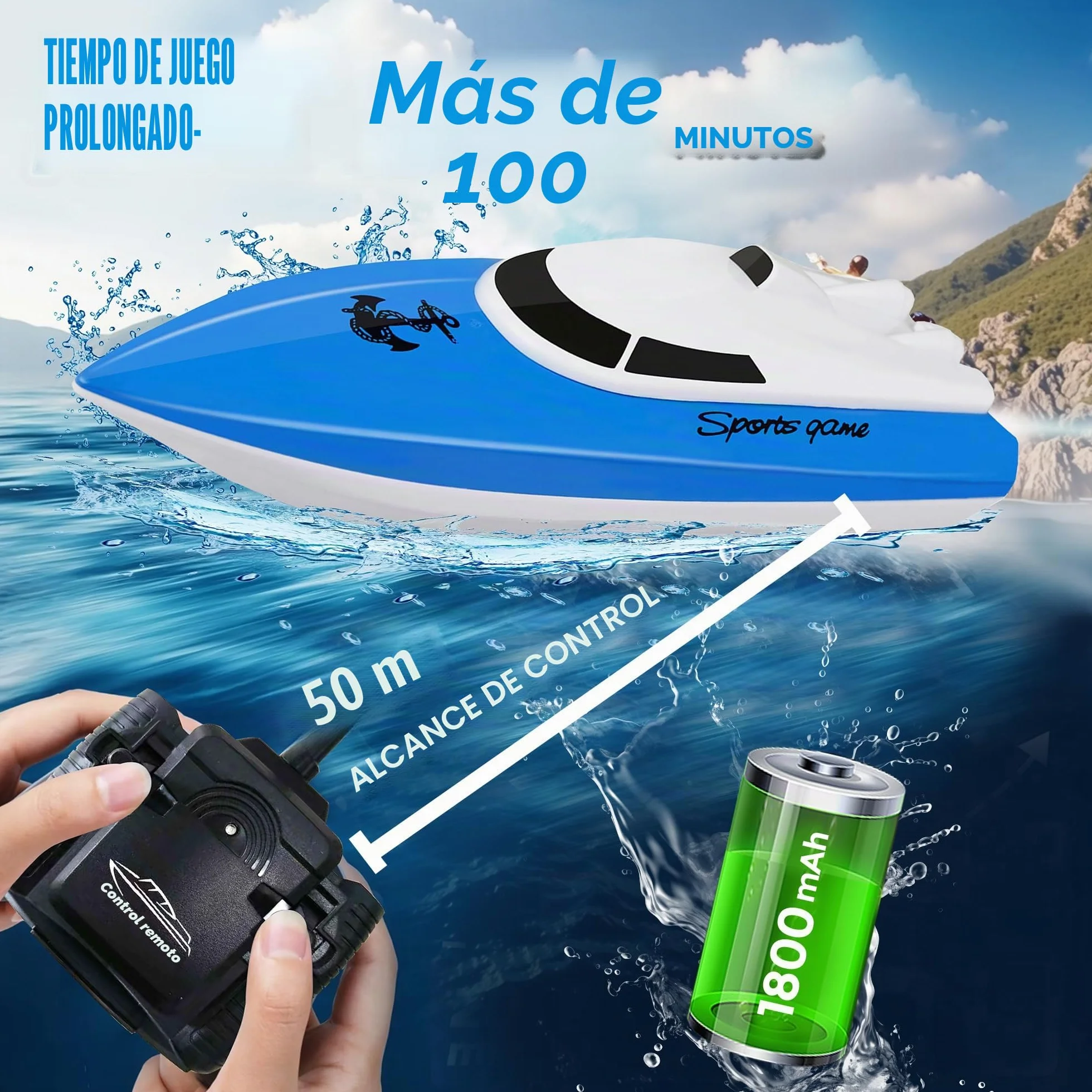 Barco Teledirigido para Niños,Más de 100 Minutos de Tiempo de Juego, 2,4 GHz de Alta Velocidad para Lago,Piscina o Estanque con Batería de 1800 mAh,Juguete Acuático de Regalo para Niños y Niñas(Azul)