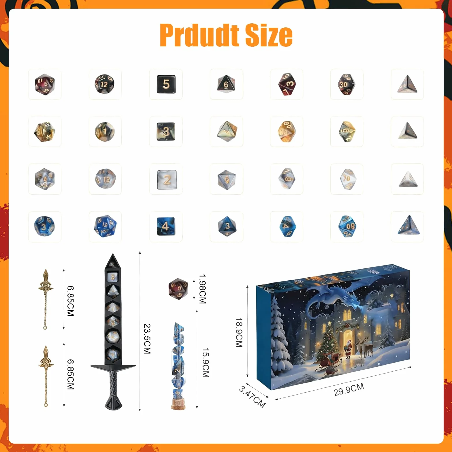 Set de Dados Poliédricos, Dados de Fantasía, Cube para Juegos de Mesa, Colección de 28 Cubes, Diseño Dos Colores con Caja Espada, para Juegos de rol y Estrategia