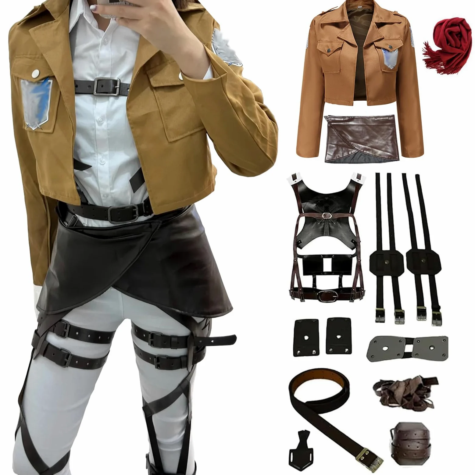 CR ROLECOS Anime AOT Cosplay Survey Corps Uniform Mikasa Ackerman Cosplay Disfraz Chaqueta y cinturón Halloween Carnaval Navidad para adultos