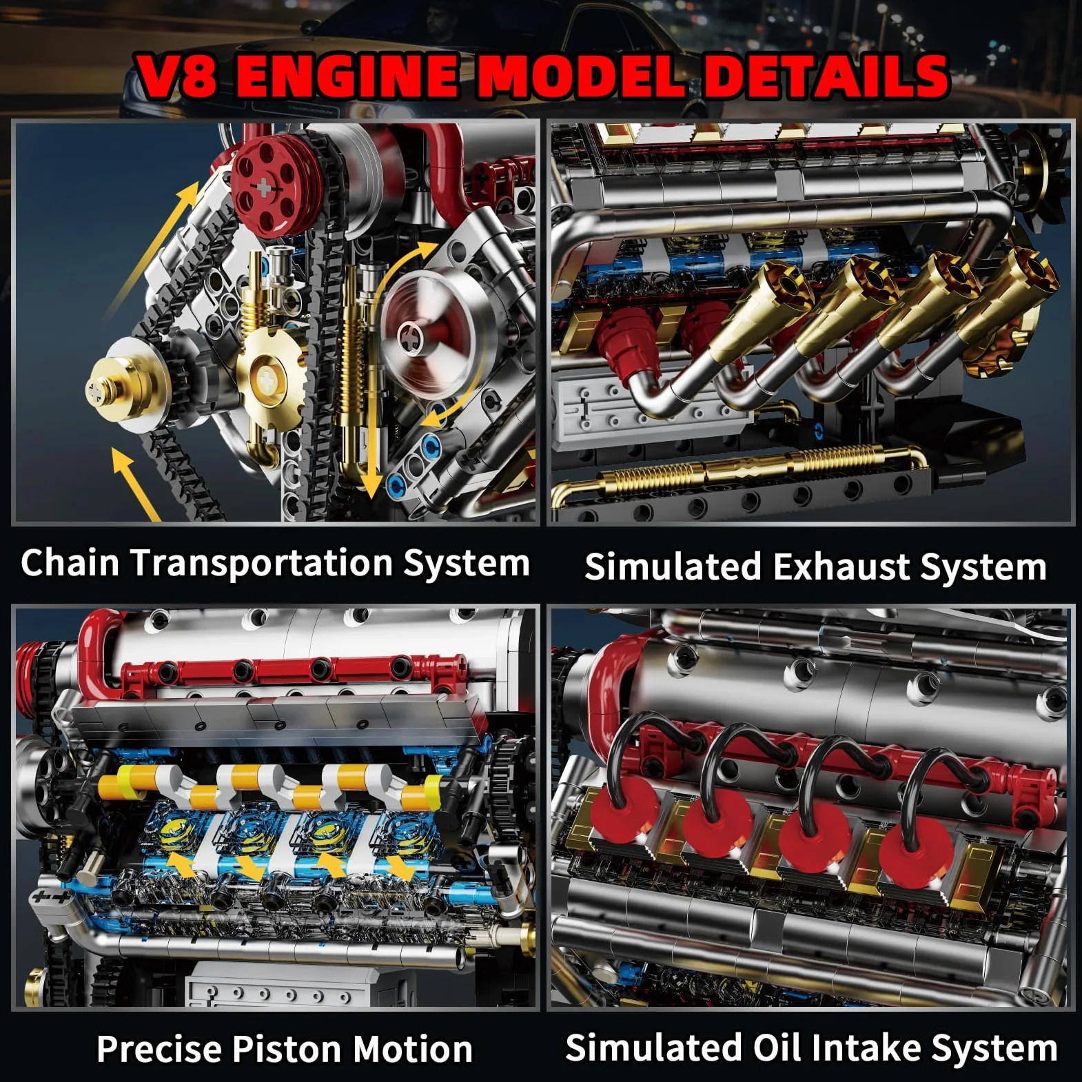 Juego de bloques de construcción de motor Technik V8, Ideas V8, juego propio para adultos, compatible con Lego, STEM, juguete regalo para fans de coches y niños a partir de 14 años (1176 piezas)