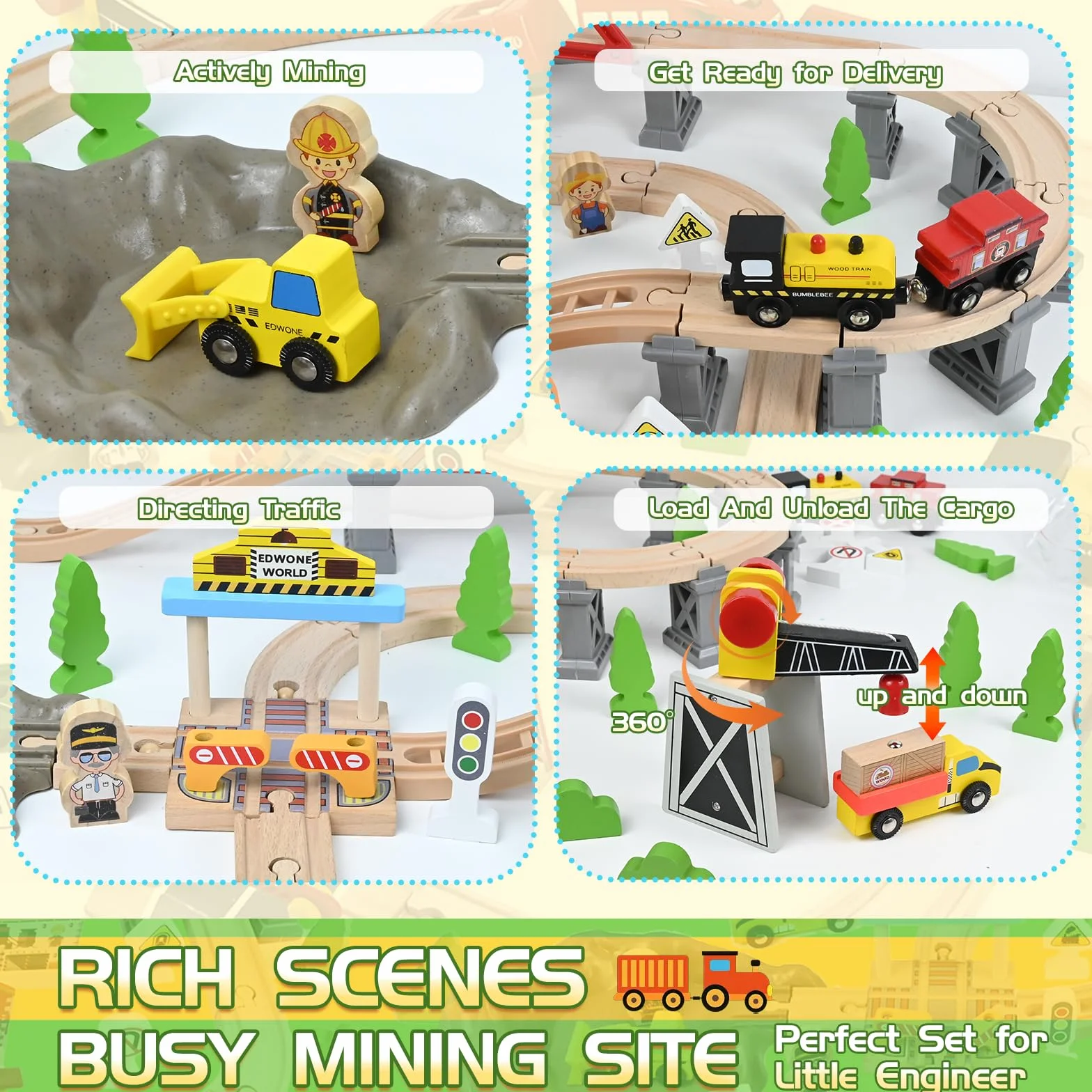 HERMORRYSS Tren de Madera para Niños, 100 Piezas Vías de Tren de Madera y Juguetes de TrenS, TrenS Eléctrico, Ferrocarril de Ingeniería con Grúa Magnética, Figuras, Regalo para Niños y Niña de 3+ Años