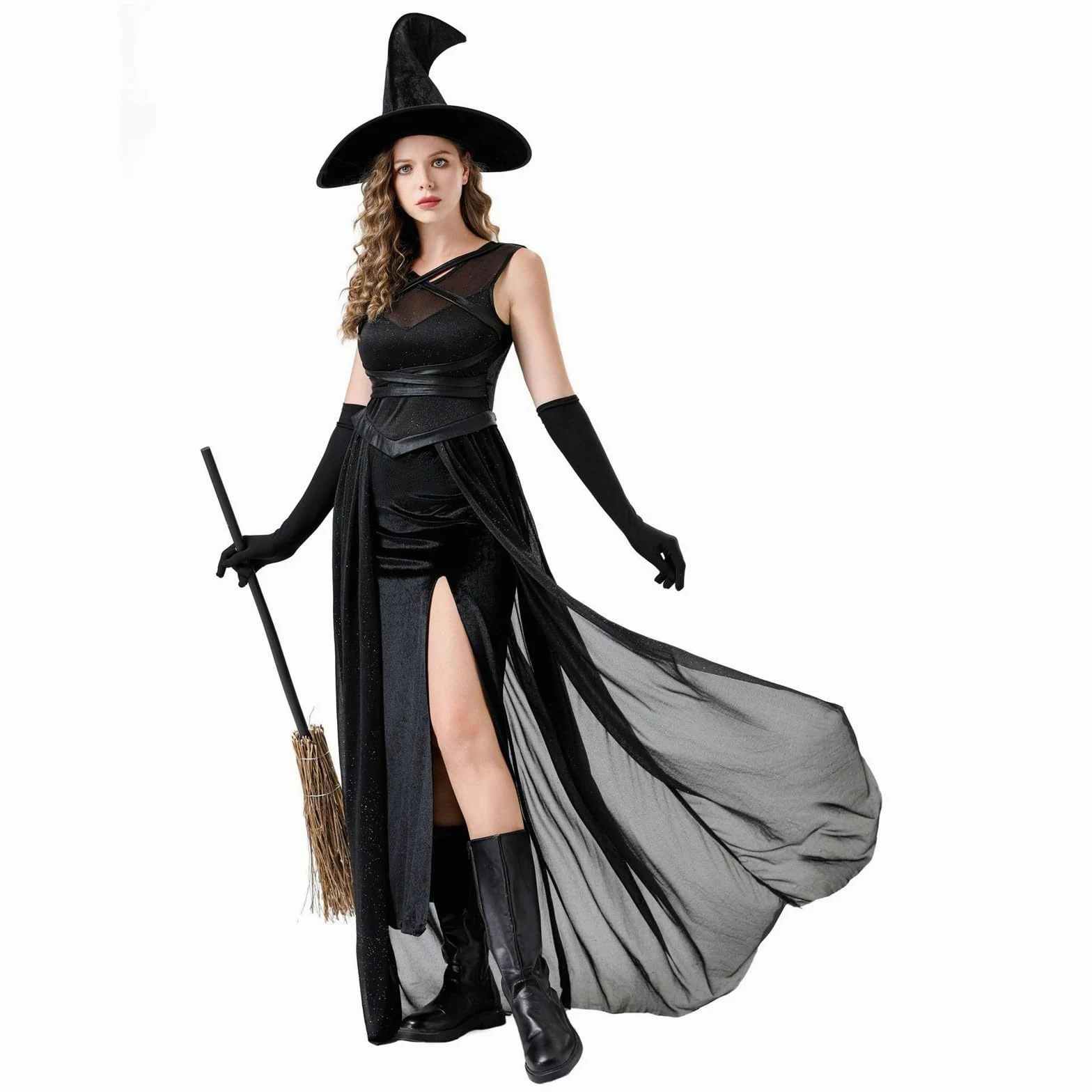 Generisch Disfraz de Halloween para mujer, disfraz de bruja sexy, disfraz de cosplay, capa de bruja, negro, medias de red, carnaval, disfraz de bruja, juego completo, sombrero de bruja, disfraz de