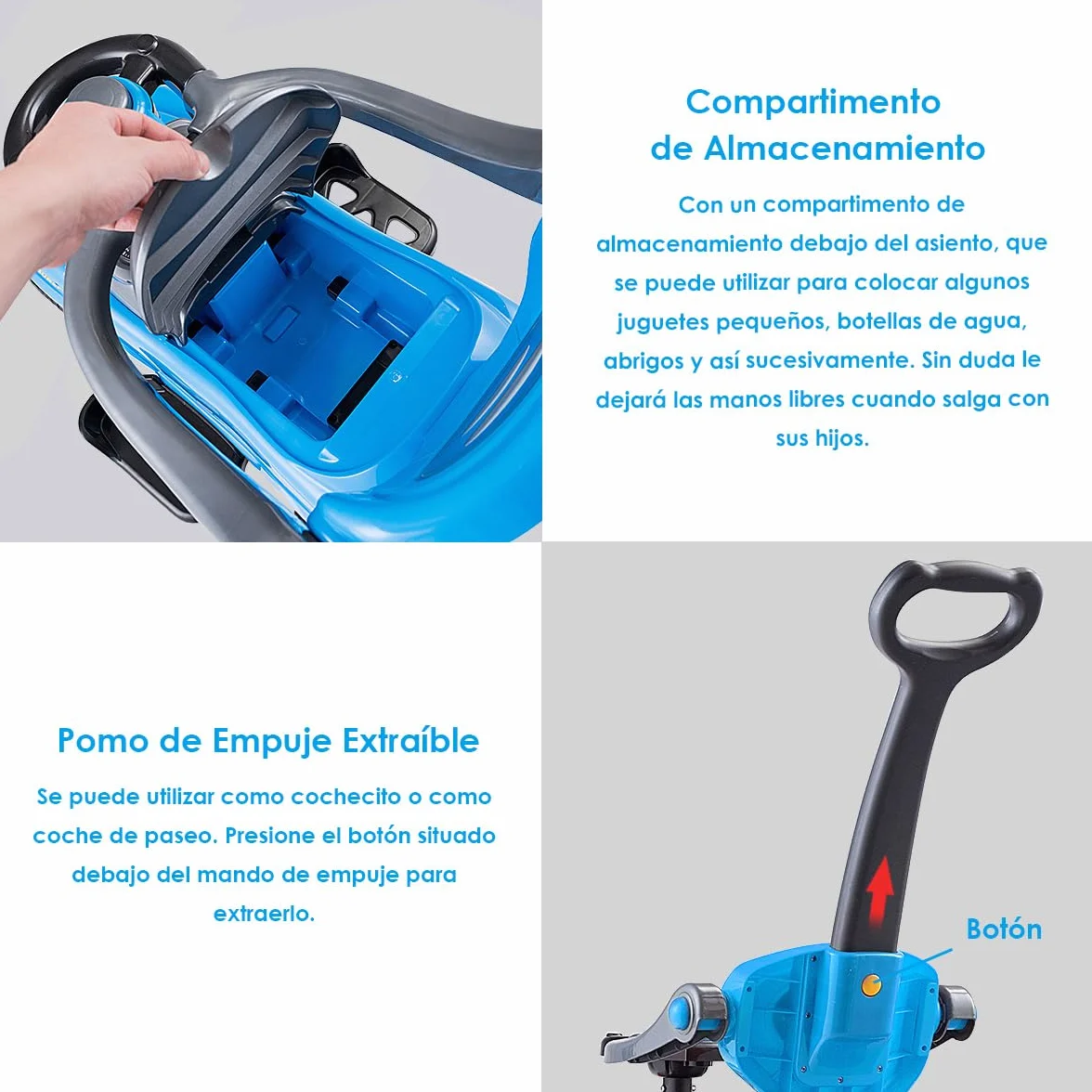 COSTWAY 3 en 1 Coche de Empuje Infantil, Coche para Niños de Pie con Barandillas Desmontables y Asa, Bocina, Espacio de Almacenamiento Oculto y Diseño Antivuelco para Niños de 2 a 6 Años (Azul)