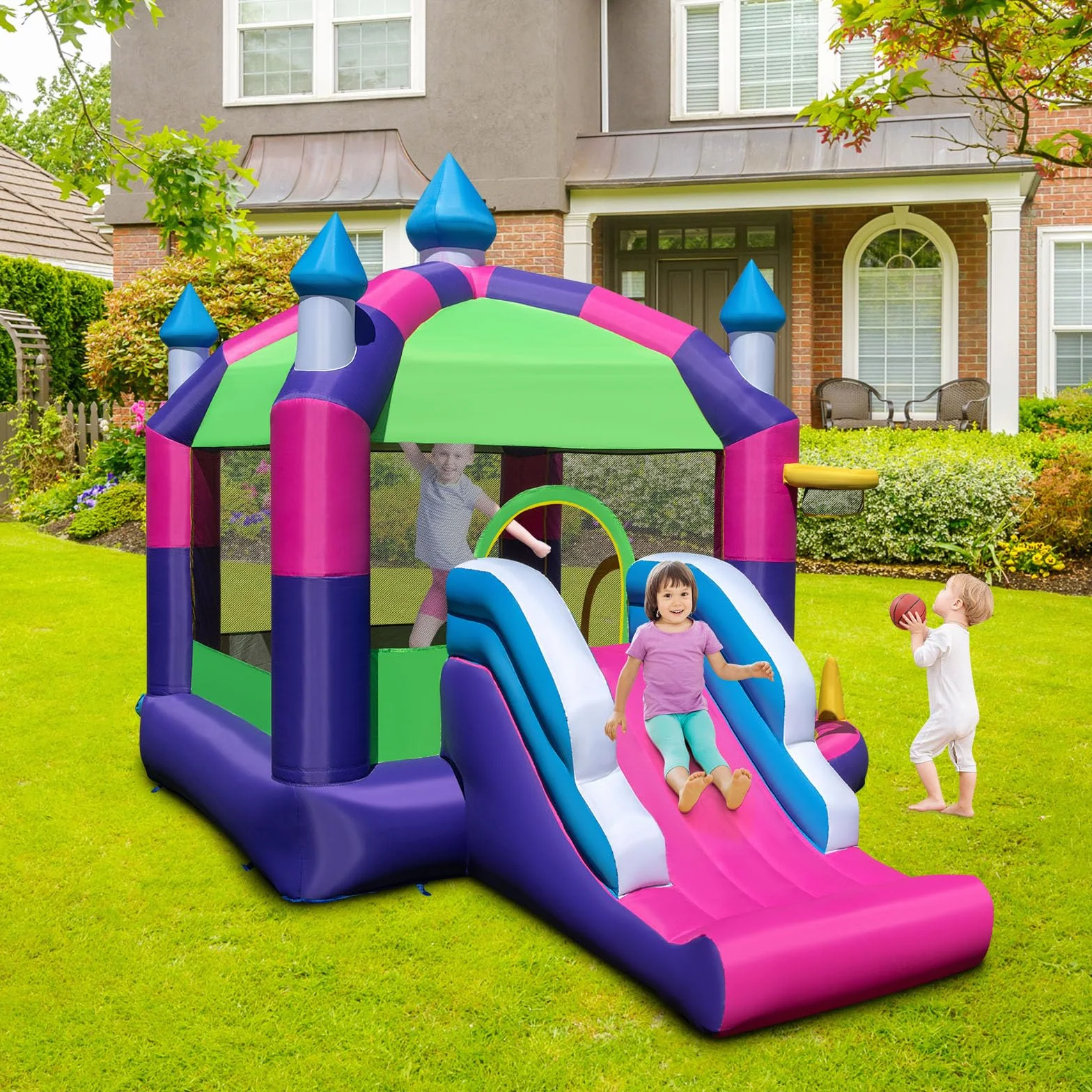 COSTWAY 5 en 1 Castillo Hinchable para Niños, Castillo Hinchable Grande con Tobogán, Piscina de Bolas, Techo Sombreado, para Niños 3-10 Años, Insuflavel Criança Interior Exterior, 385 x 332,5 x 300 cm