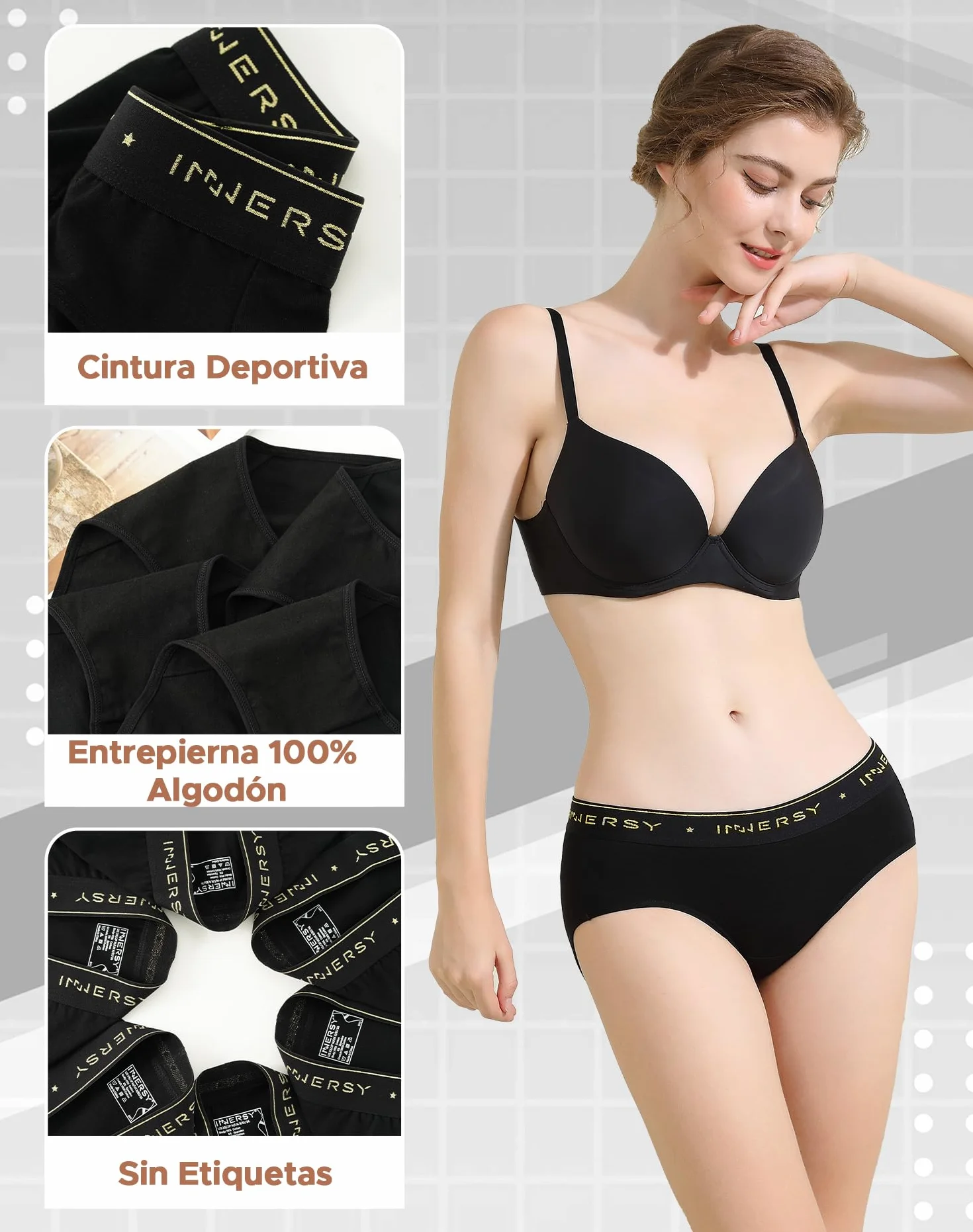 INNERSY Bragas Mujer Algodón Cintura Media Pack de 6