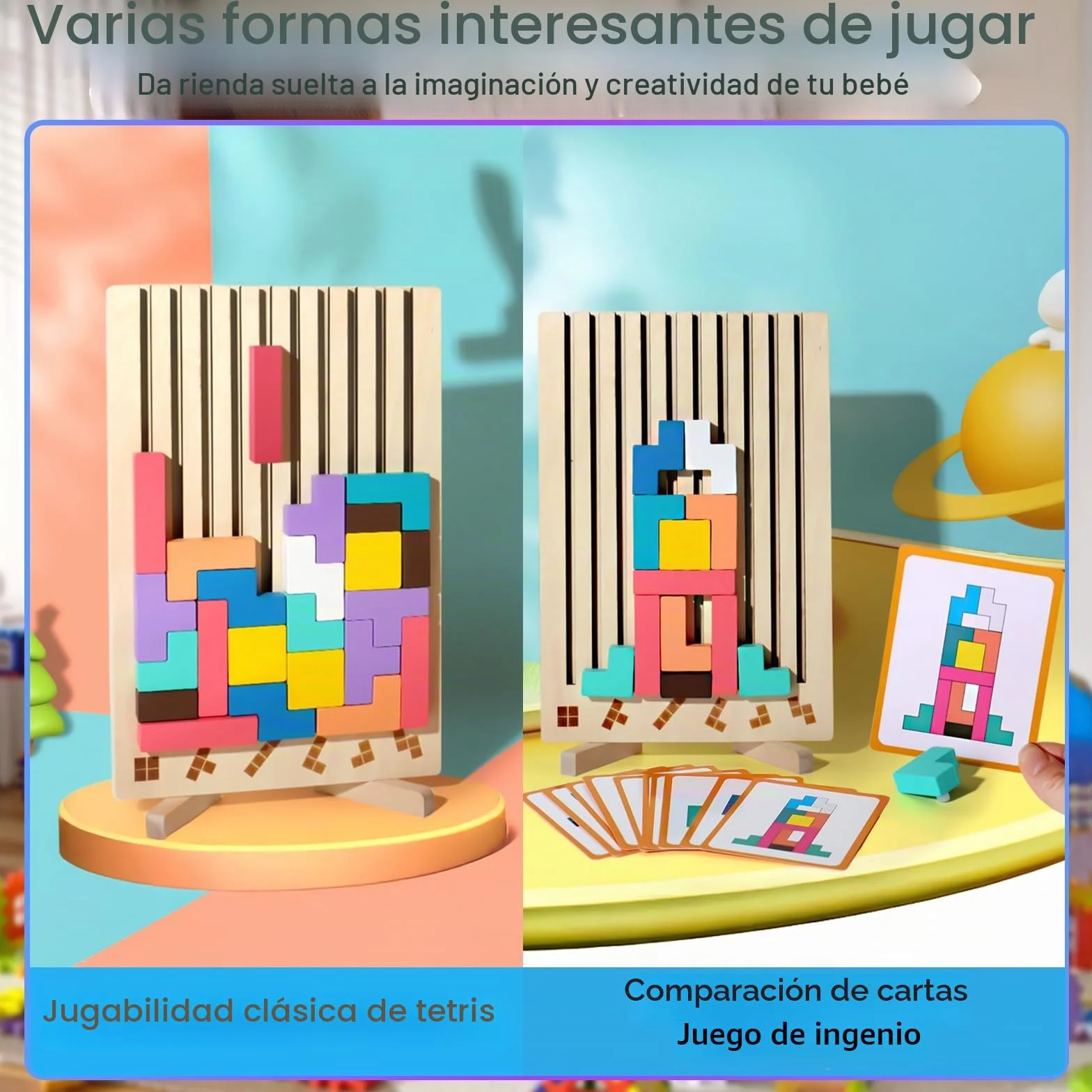 ZLPBAO Puzzle de Madera Tetris con 10 Tarjetas y Bolsa de Almacenamiento, Rompecabezas Niños, Tetris Puzzle 3D Madera,Juguetes Sensoriales, Juegos Montessori 3 4 5 6 Años