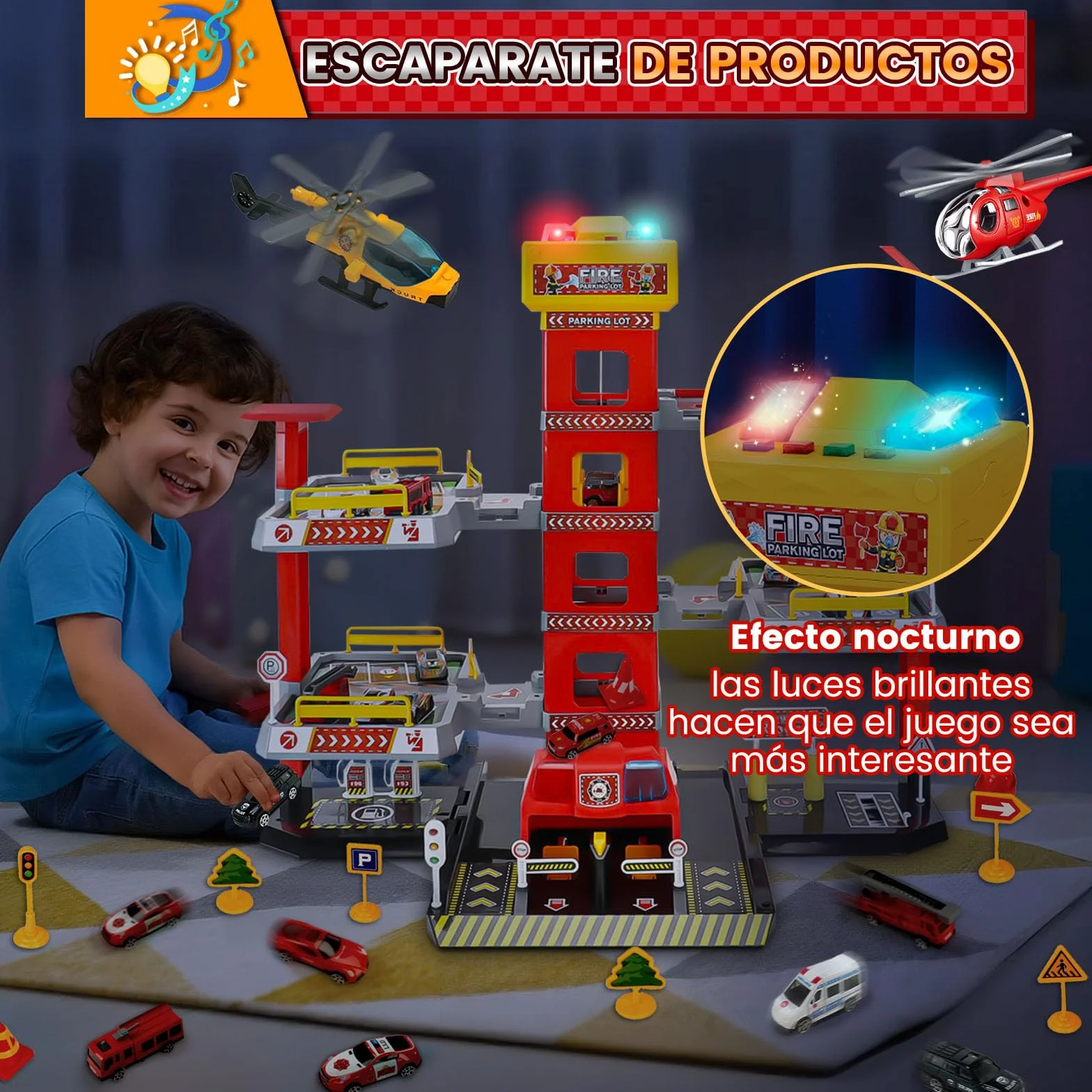 BuzzoXerex 5 Plantas Garaje Coches para Niños, Parking Molto con 14 Coches y 2 Helicóptero, Parking Juguete con Pista de Coches y Ascensor, Educativos Regalos para Niños 5 6 7 8 9 Años (Rojo)