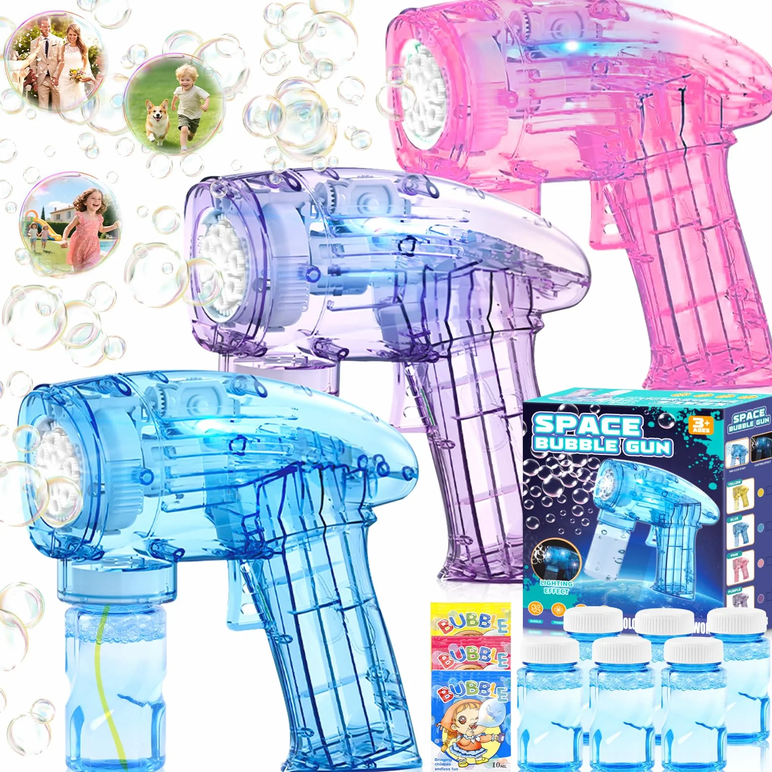 3 Pistola Pistola Burbujas, Pistola De Burbujas para Niños, con 6 Botellas, 3 Bolsas, Solución, Bubble Machine para Juguete De Verano, Actividad Al Aire Libre, Regalos De Fiesta
