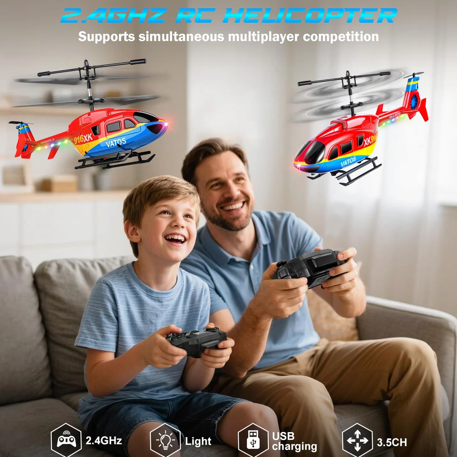 VATOS Helicóptero teledirigido, 2.4GHz Altitud Birdy RC Helicópteros con giroscopio y luz LED, una tecla de despegue y Aterrizaje, 3.5 CH RC Aviones de Juguete para niños Adultos Principiantes