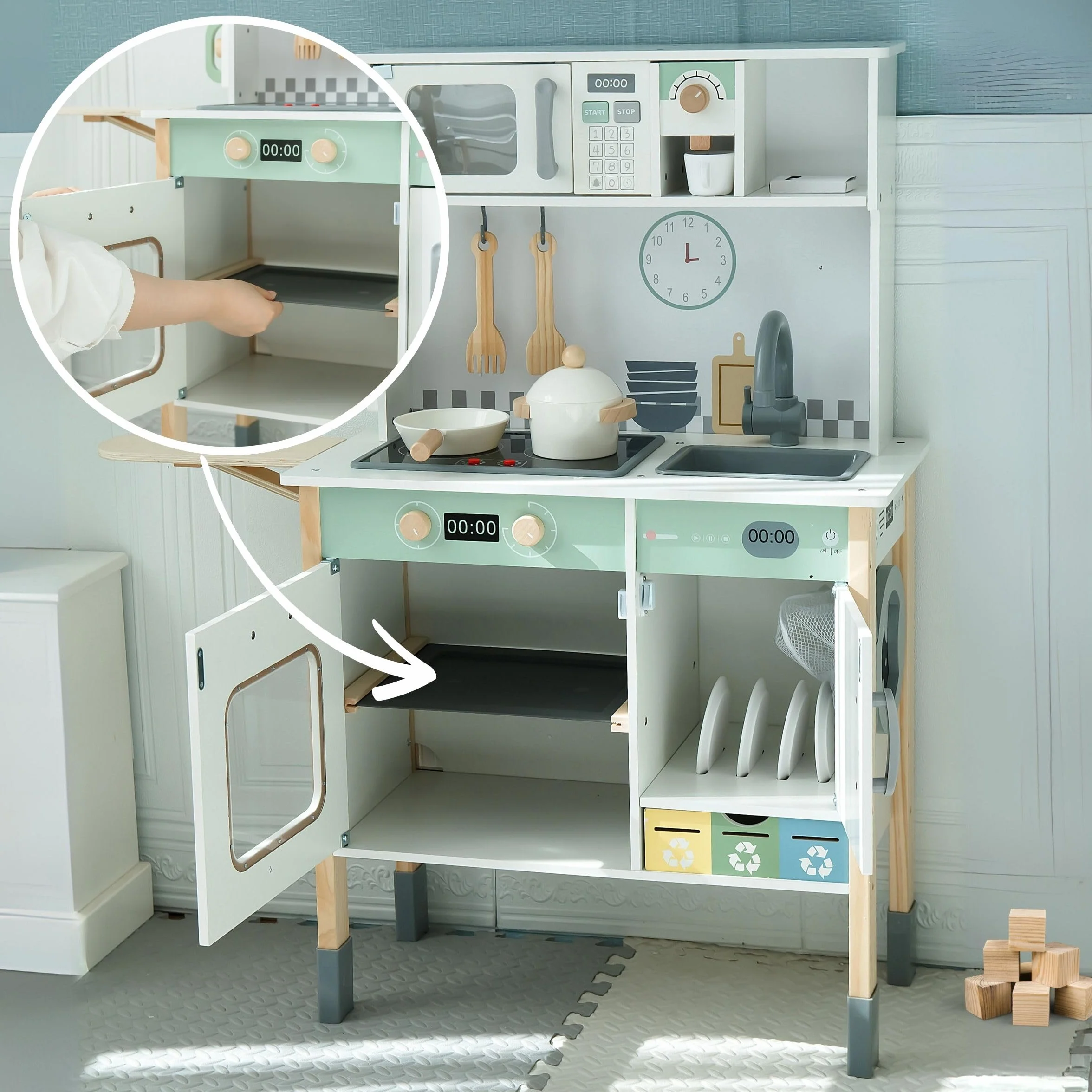 Mamabrum Cocina de Juguete Madera Infantil Montessori Interactiva Luces Sonidos Lavadora Lavavajillas Pizarra Cocinita Evolutiva Accesorios Educativos