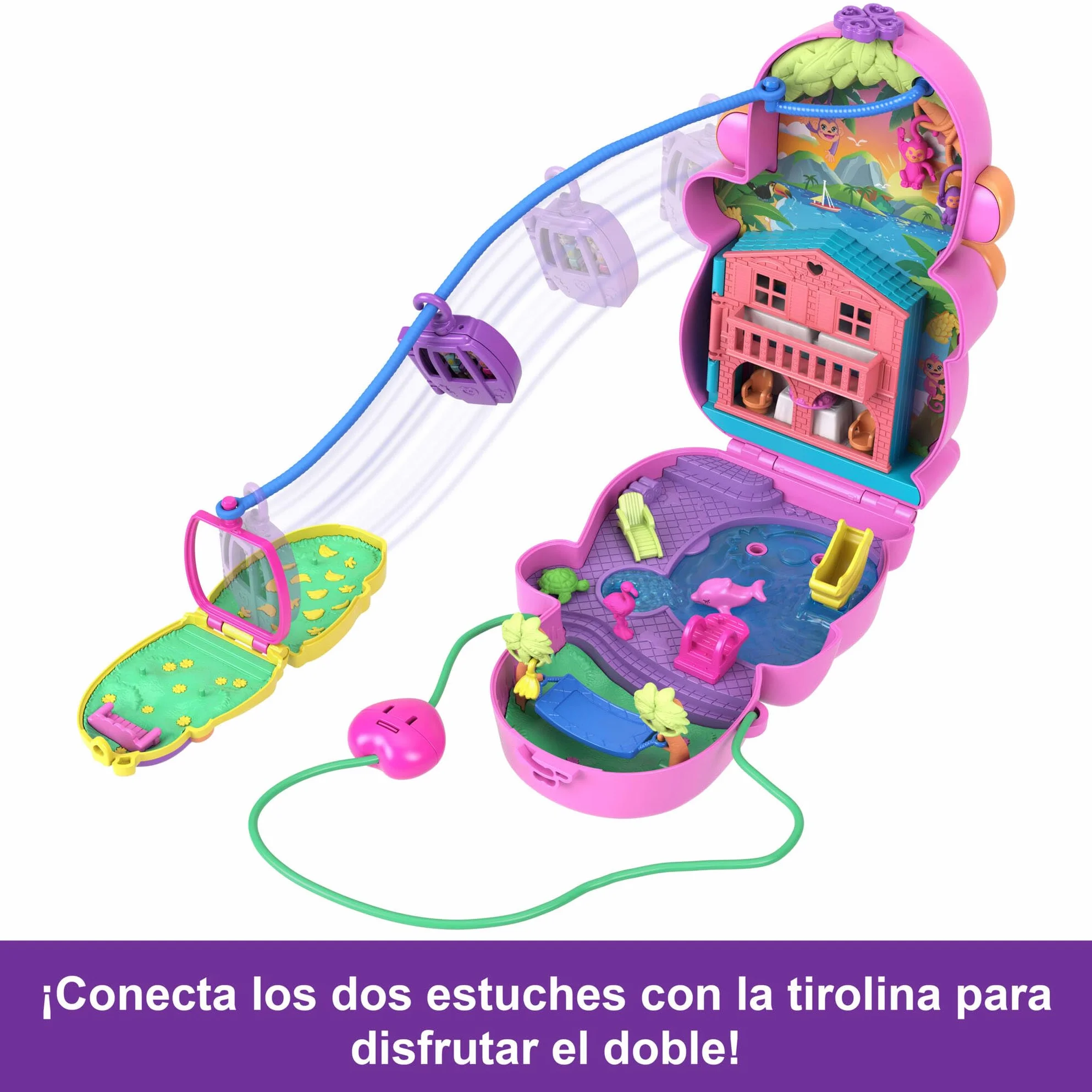 Polly Pocket Adventures in Rio Mamá mono y su bebé, Cofre-bolso 2 en 1, 2 sets de juego que incluyen 2 mini muñecas, animales y teleférico, juguete regalo para niños y niñas +4 años, HWP04