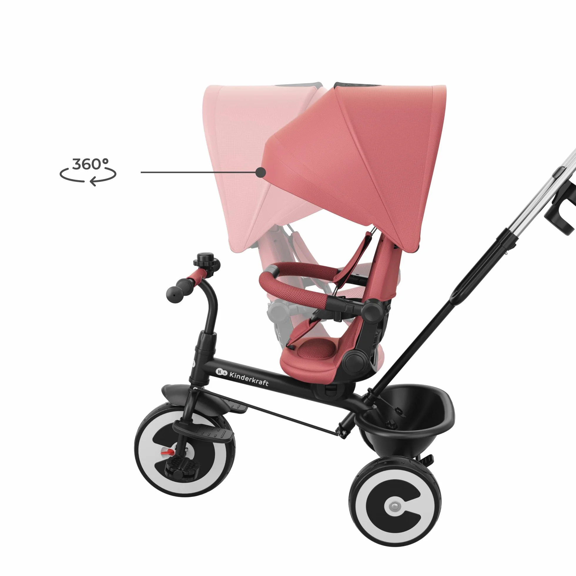 Kinderkraft Aston 2 Pro Triciclo Evolutivo, Bicicleta Sin Pedales, Bicicleta Bebe, para Niños, Cinturón, con Accesorios, Portavasos, Cesta, 9 Meses a 25 kg, Rosa