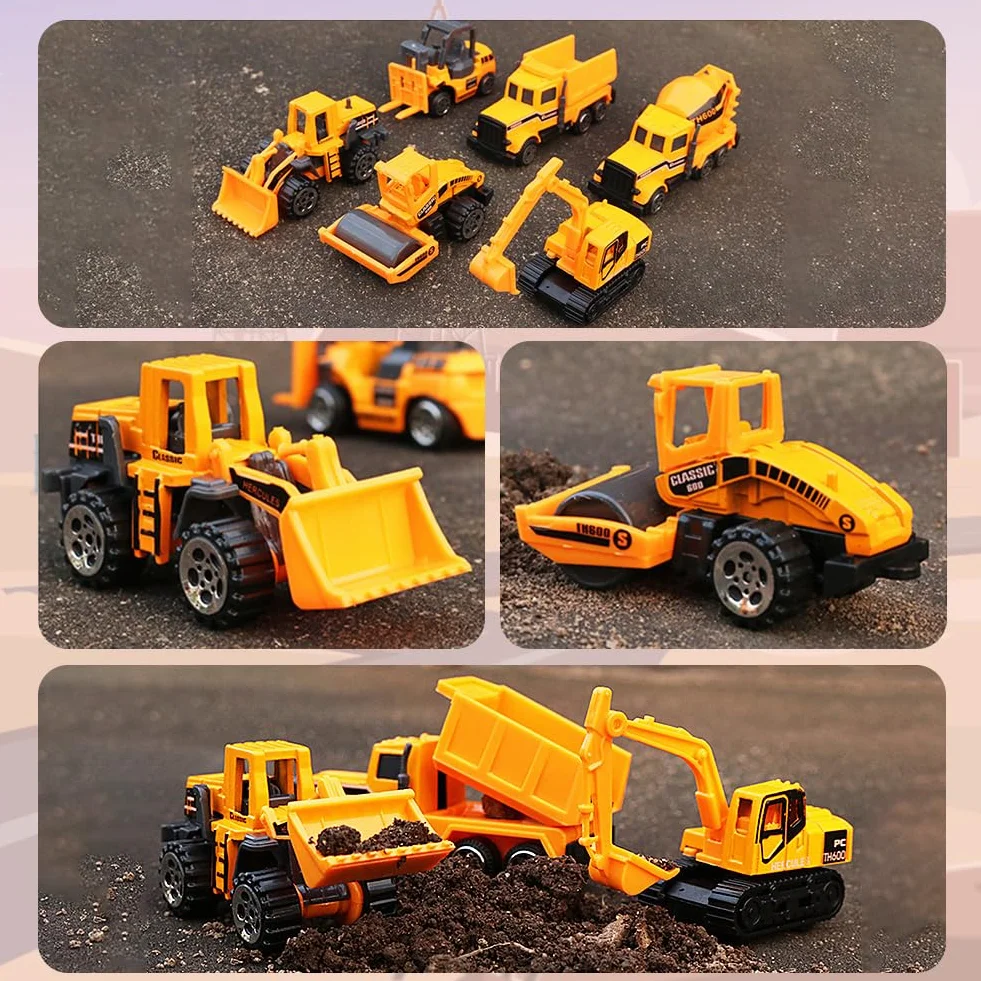 6 Piezas Mini Vehículo de Construcciones Juguete, Juego de Juguetes Camión de Construcción, Construcción Excavadora Camión de Juguete, Regalos de Cumpleaños para Niños a Partir de 3 Años