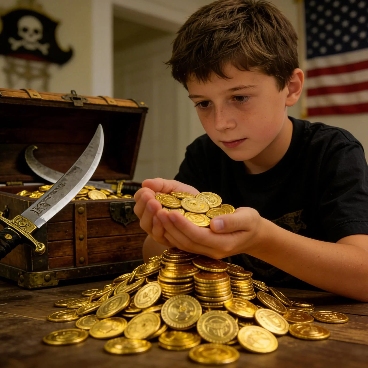 100 Piezas Piratas Monedas Juguete plástico Set | con Caja Transparente | Búsqueda del Tesoro Monedas de Oro, | Ideal para Decorar Fiestas de cumpleaños, sorteos de la Suerte, etc.