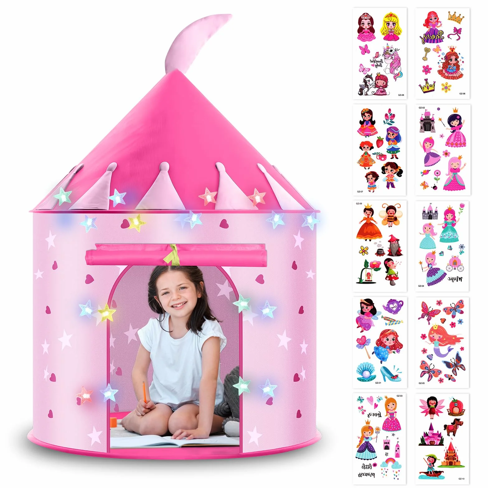 HOTUT Tienda para Niños, Tienda de Campaña Infantil con Leds Cadena, Tienda de Campaña de Princesa con 10 Pegatinas de Tatuajes, Carpa Infantil Plegable para Juegos de Interior y Exterior - Rosa