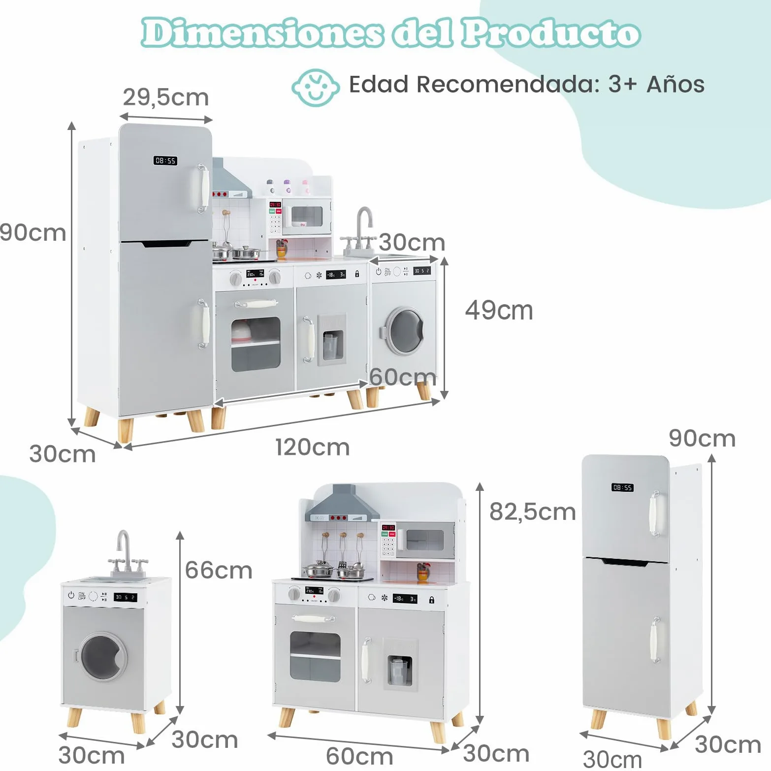 COSTWAY Cocina Juguete Infantil, Cocinita de Madera Infantil 3 en 1 con Refrigerador, Lavadora, Máquina de Hielo, Estufa, Fregadero, Horno, Microondas, Cocina Juguete con Luces y Sonidos (Gris)