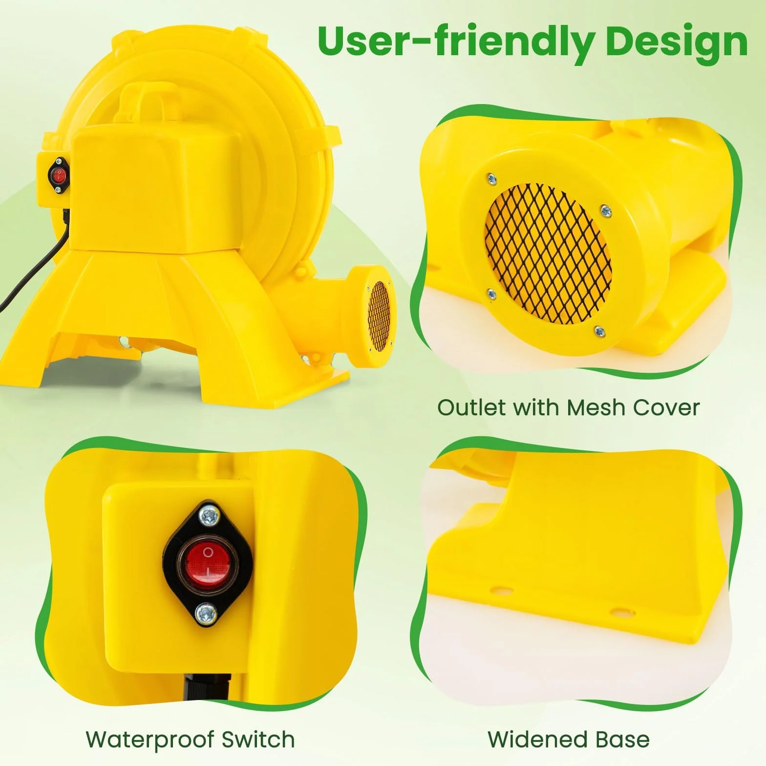 FANTASK Bomba de Ventilador para Castillo Hinchable, 850 W, para Juguetes inflables, soplador con Mango y Anclaje al Suelo