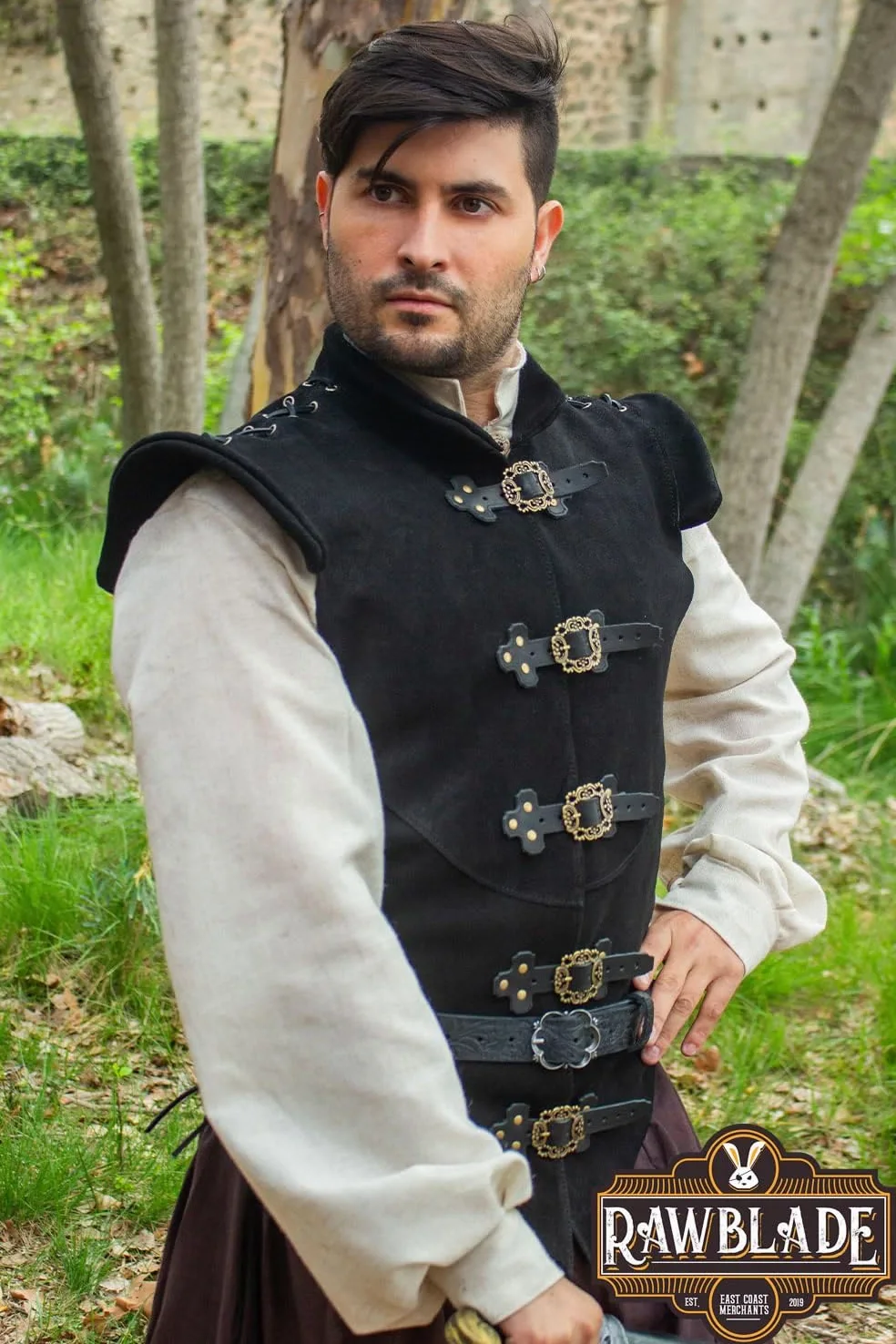 Diego Jerkin medieval de cuero dividido para hombre, túnica de cuero y chaleco de armadura, disfraz de pirata renacentista, chaleco sin mangas para feria y cosplay