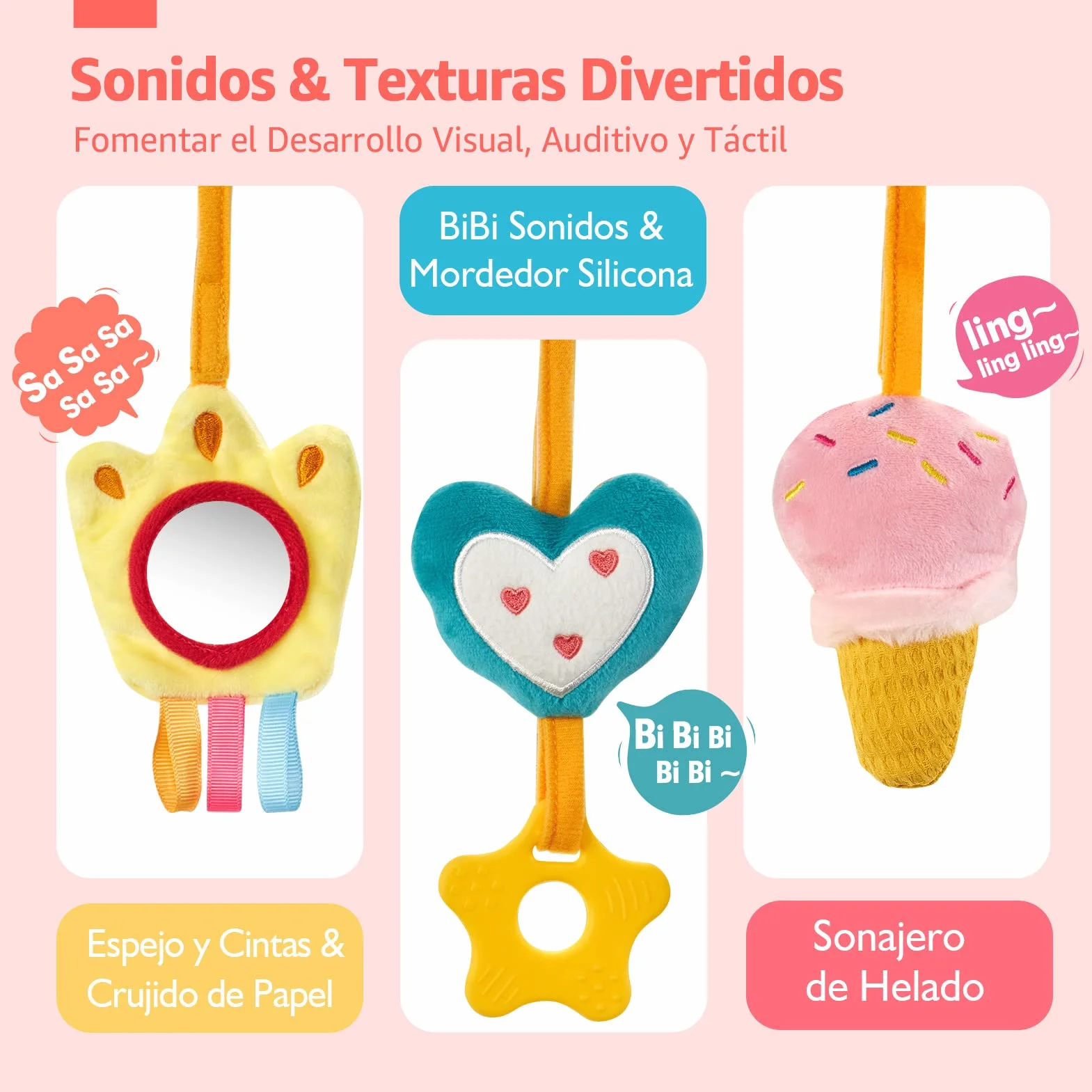 hahaland Colgantes para Cochecitos Juguetes Bebes 0 3 6 12 Meses, Espiral Actividades Juguetes Colgantes con Mordedor y Sonajero, Suave Peluches para Bebes Niños y Niñas Regalos Originales