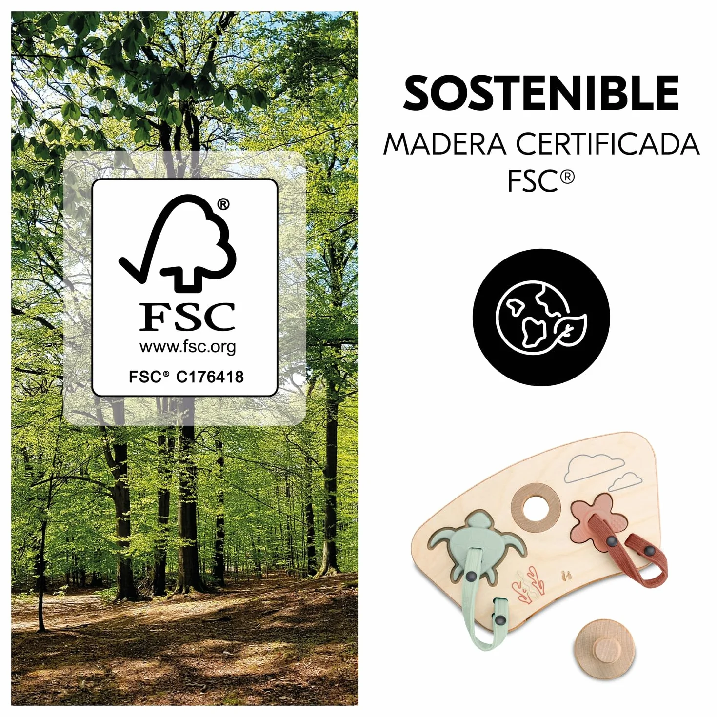 hauck Juego Encajables Bebé para Alpha+, Beta+ y Arketa - Puzzle para Niños de Madera y Silicona Alimentaria - Estimula Coordinación Mano-ojo - Juguetes desde 10 Meses - Turtle & Flower