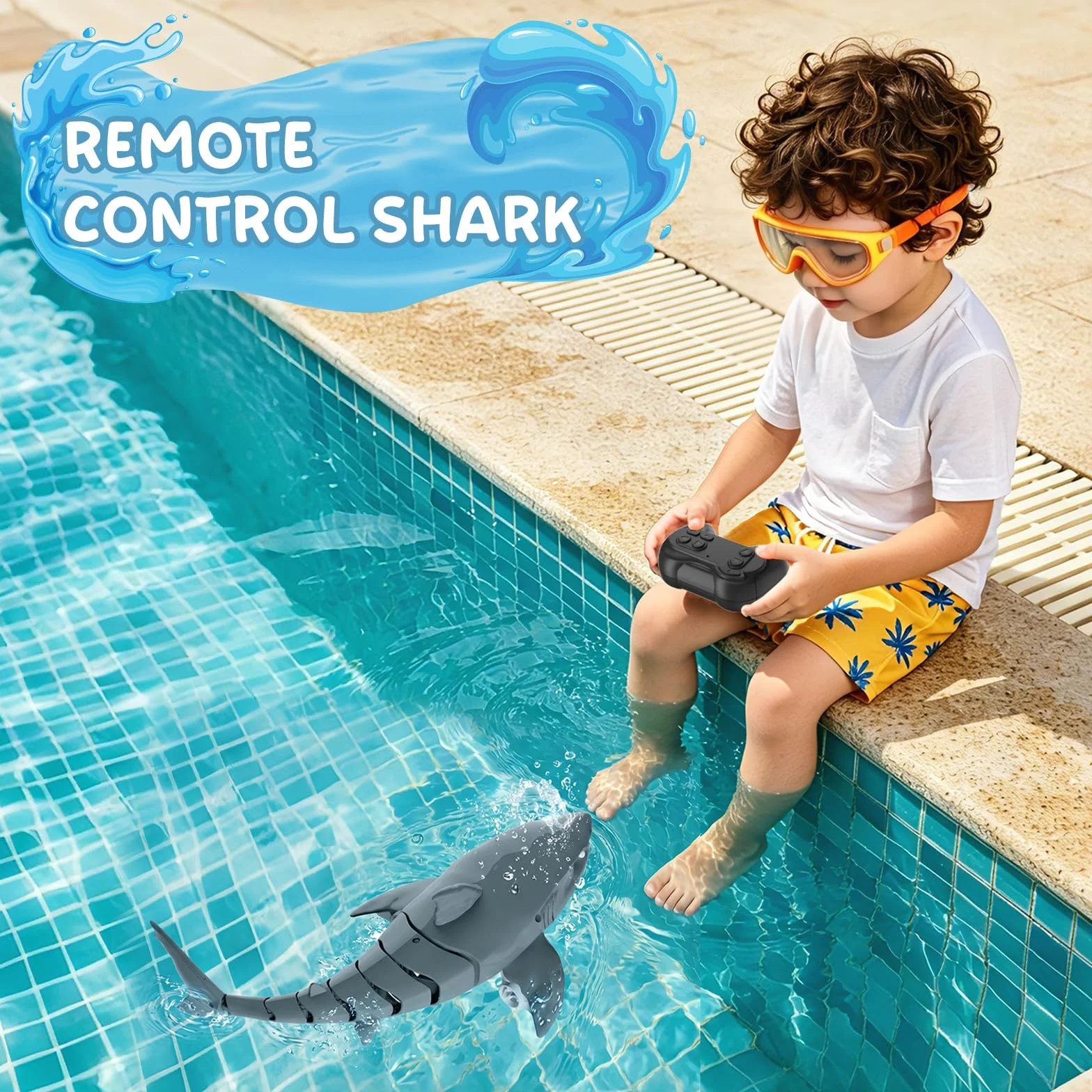 snookids Tiburón Teledirigido Juguete – 2,4 GHz Barco Teledirigido Simulación Shark, USB Recargable, Juguete Piscina con Luz en Ojos y Encendido Automático, Regalo para Niños y Niñas