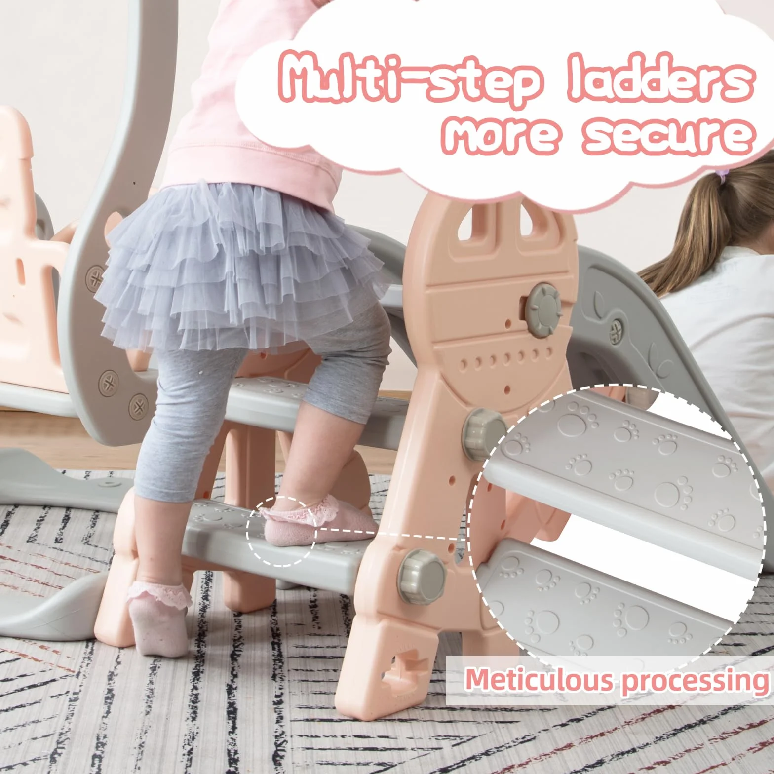 Tobogán infantil 4 en 1, columpio, juego de toboganes infantiles con escaleras, columpio, tobogán y soporte de baloncesto, rosa