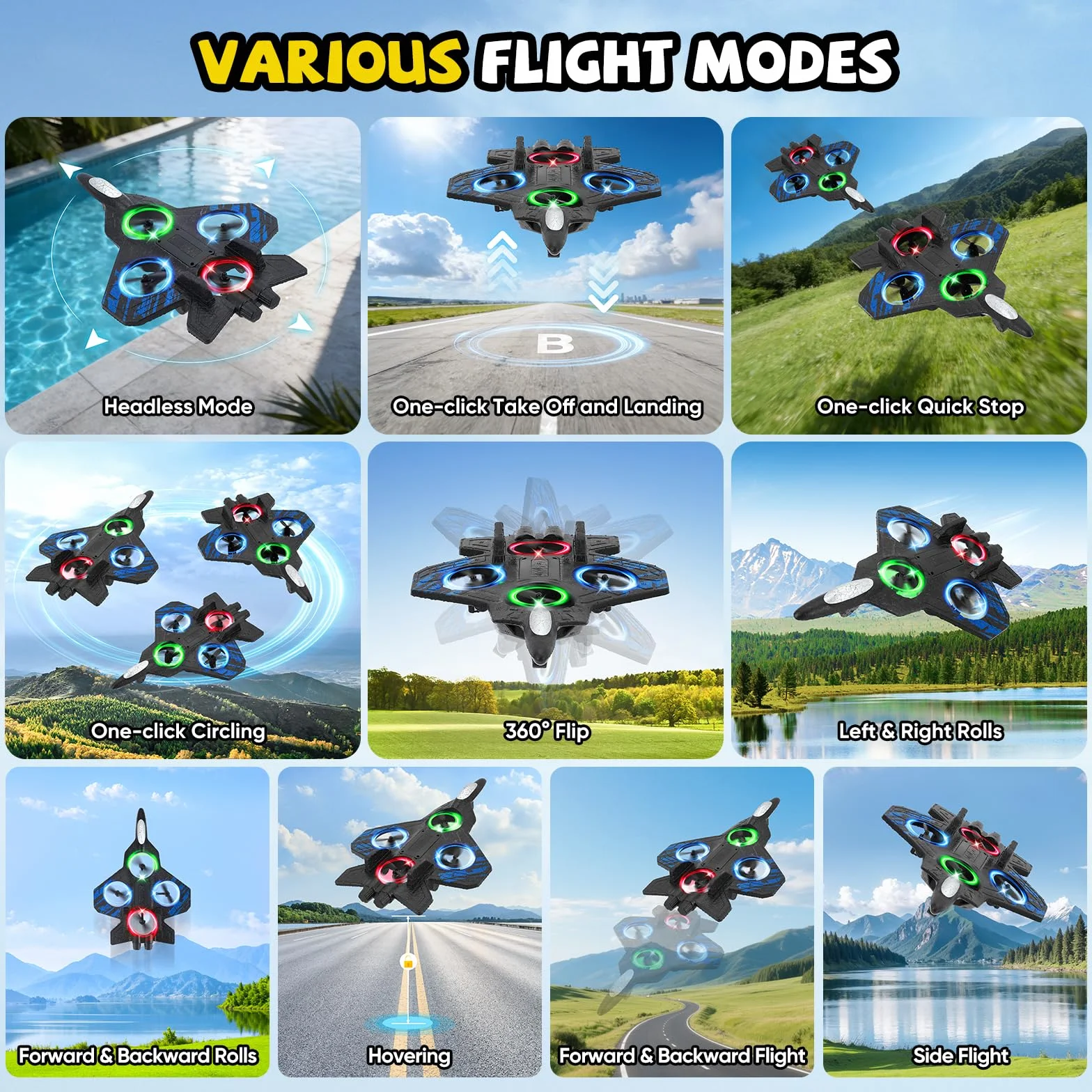 Avión de control remoto, doble control (mando a distancia y mando a mango), RC Avión 360° Rotación, 3 velocidades, con luz LED y hélice de repuesto, avión exterior para niños (azul)