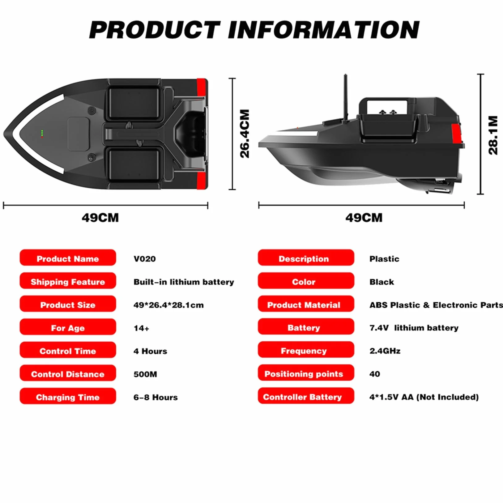 Barco de pesca inteligente GPS RC cebo, crucero automático, doble motor, tres tolvas, gran capacidad, luz nocturna LED, buscador de peces, barco, 12000 mAh (negro)