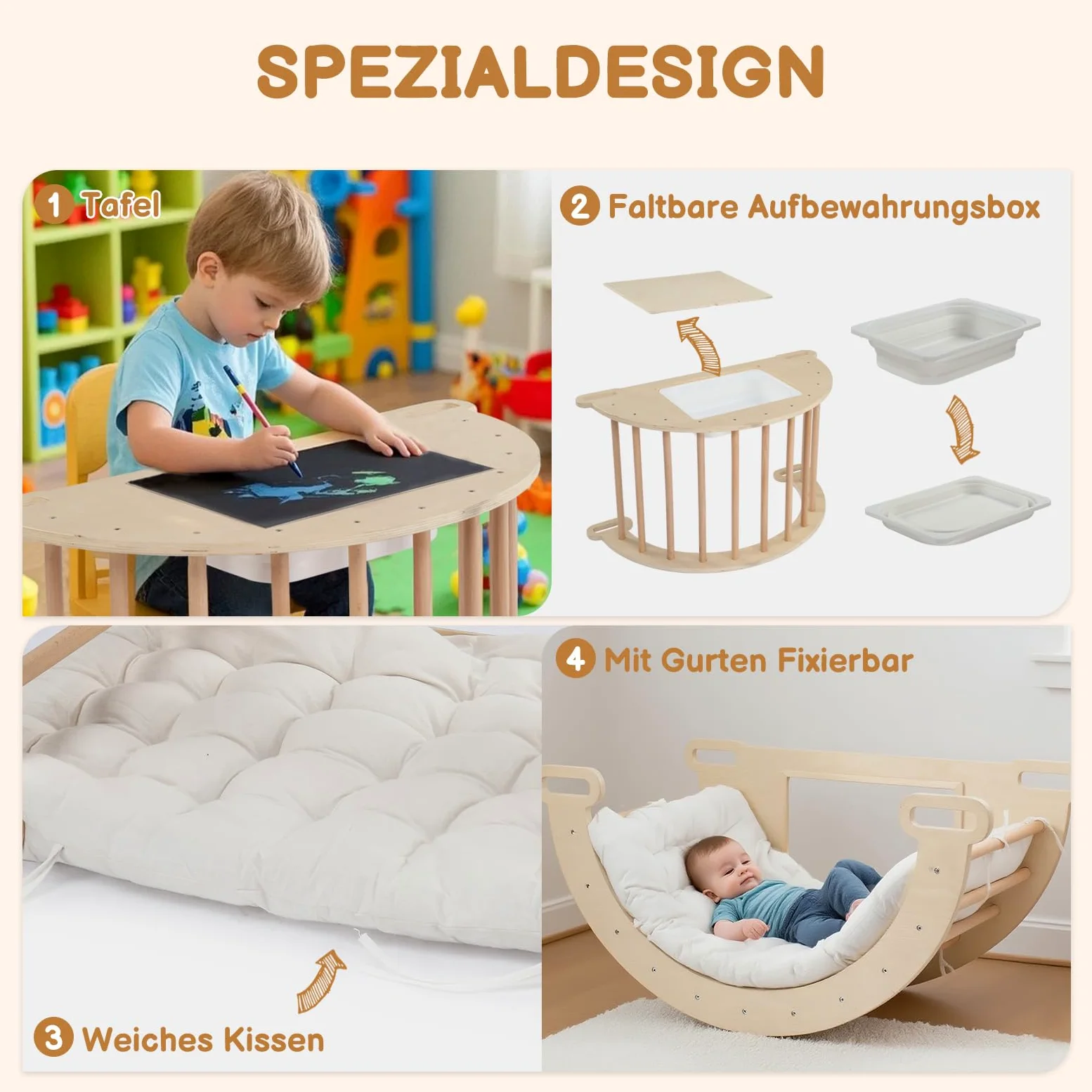 LEADZM Arco de escalada 5 en 1 para niños, mecedora con cojín y mesa sensorial, juguete de escalada Montessori con bandeja plegable y pizarra, centro de juegos motrices para bebés