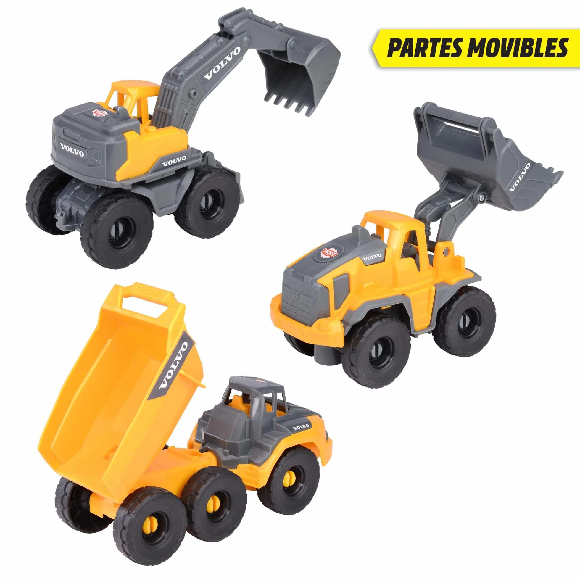 Dickie Toys- Vehículos de Obras Volvo Set Construcción, 3 Vehículos Juguete (Excavadora, Pala cargadora, volquete) para Niños, 16cm, Ruedas Giratorias y Piezas Móviles. A Partir de 3 años (203722015)