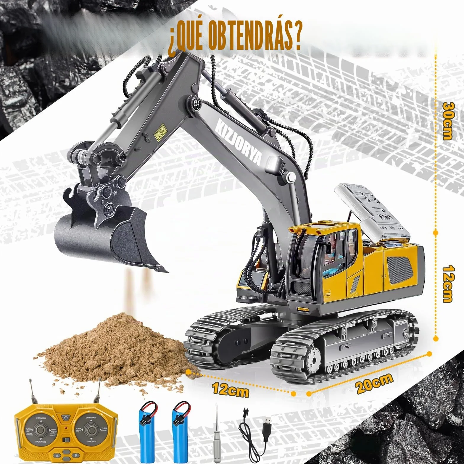 Excavadora Juguete Teledirigido, Excavadora Juguete para Niños de 6-12 años, RC Recargable, 11 Canales, Sonido y Luz, Pala de Metal, Regalo de Cumpleaños para Niños de 3 4 5 6 7 8 9 10+ años (2,4 GHz)