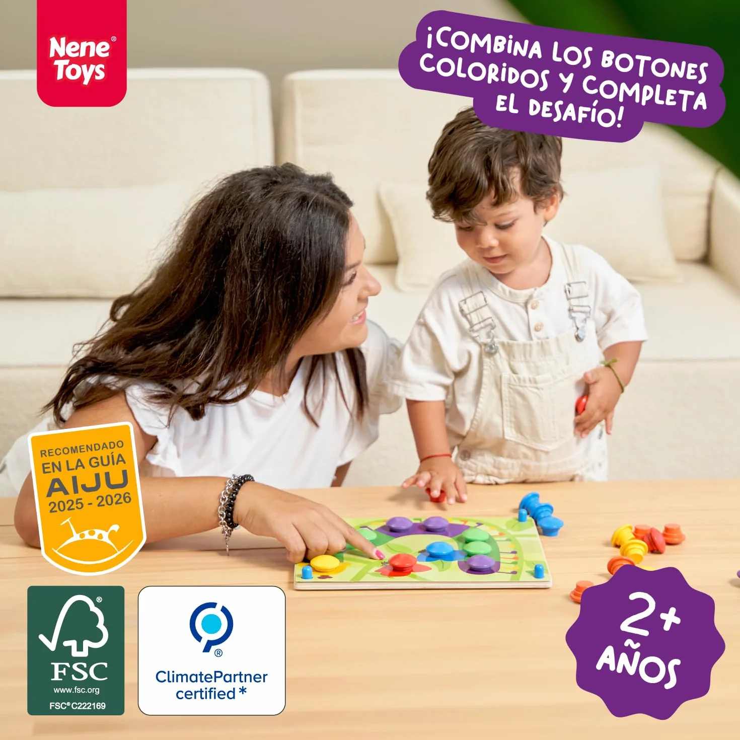 Nene Toys Puzzle de Madera para Niños 2+ Años – Juguete Montessori con Botones de Colores y Tarjetas – Mosaico Educativo Infantil para Motricidad Fina – Regalo Niño Niña 2 3 Años - Juego Didáctico