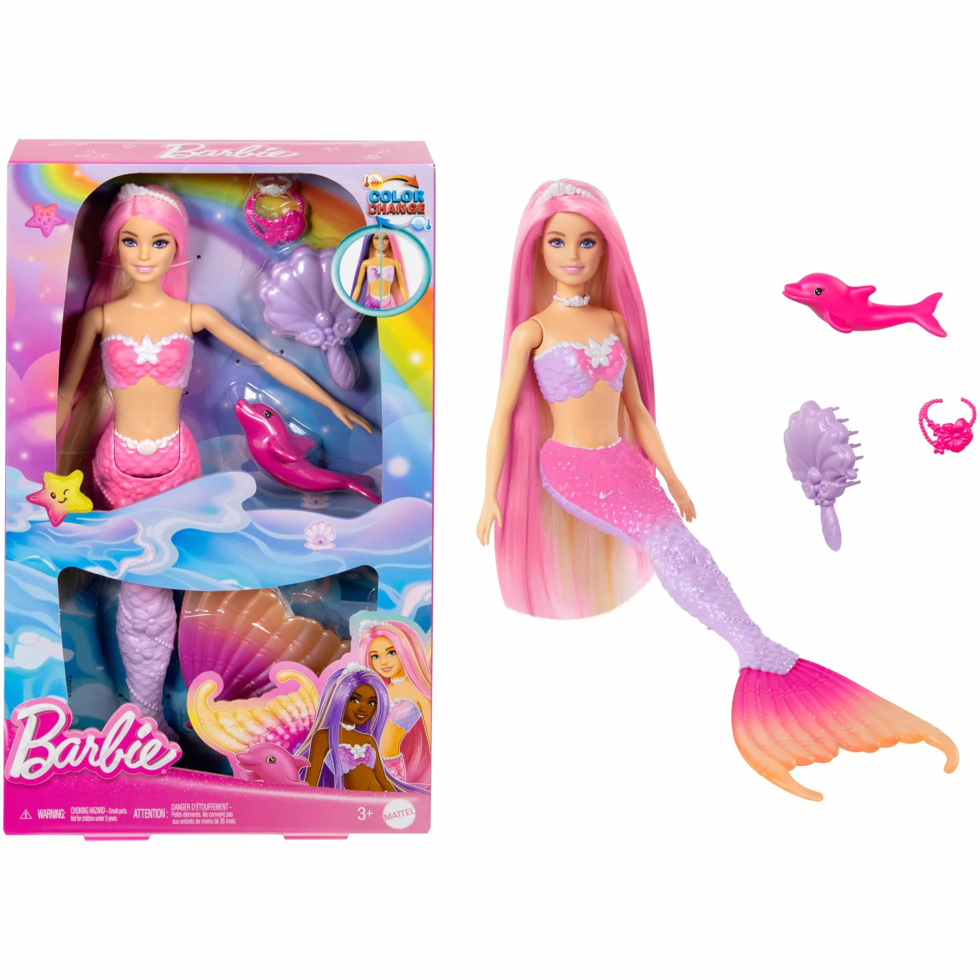 Barbie Muñeca sirena Malibú que cambia de color con el agua con accesorios de moda y delfín, serie Un toque de magia, juguete +3 años (Mattel HRP97)