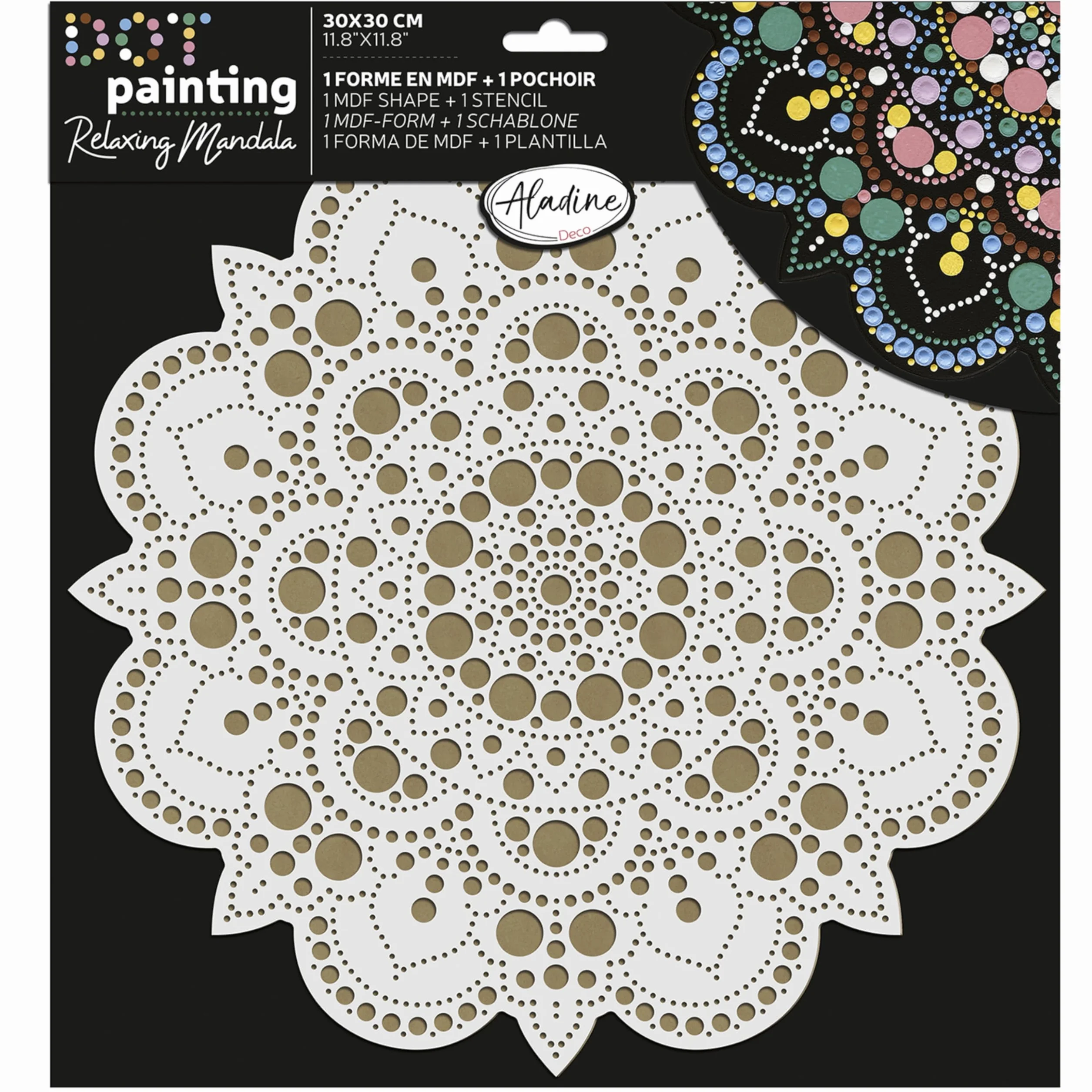 Aladine 85505 - Kit de plantilla y soporte Mandala de 30 cm para crear Mandalas de punto Painting – Pintura sobre guijarro, madera, tejidos, lienzos – Dotting Paint Points – Ocio creativo