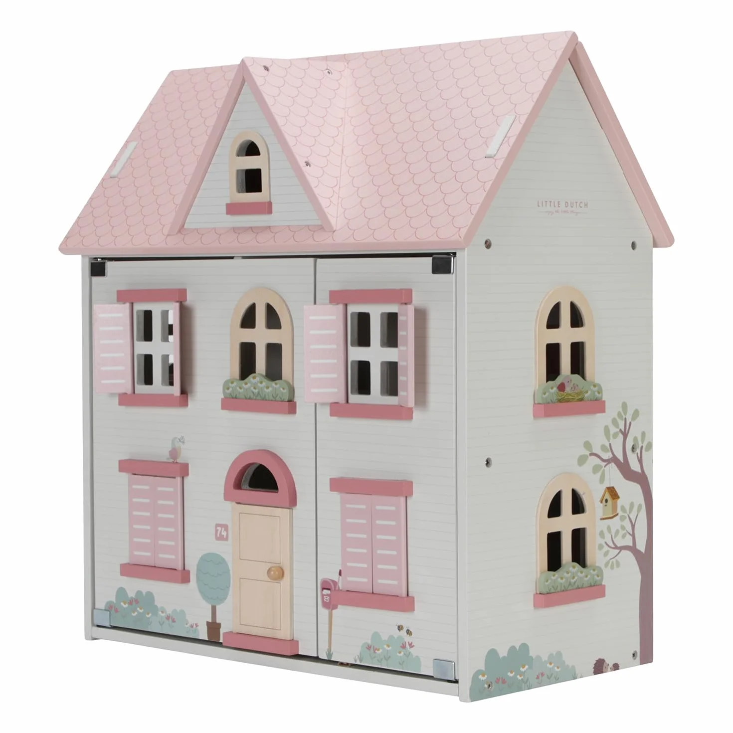 Little Dutch Casa de muñecas grande de madera desplegable con muchos accesorios, figuras de juego y muebles, color blanco y rosa