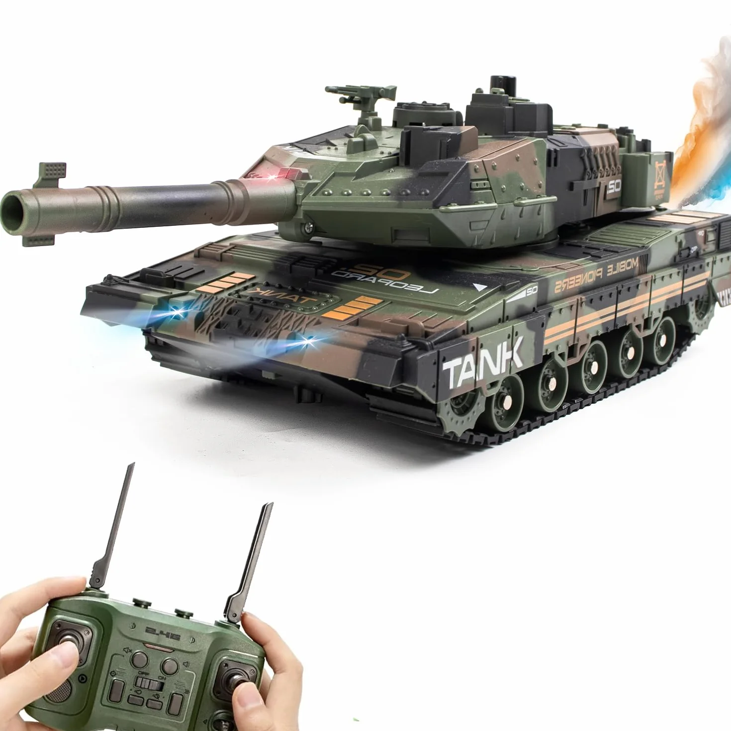 Vehículo de tanque teledirigido Hitish RC que dispara para niños y adultos, juguete de tanque del ejército con sonido de demostración automático, luz de humo, modelo de vehículos militares de 13