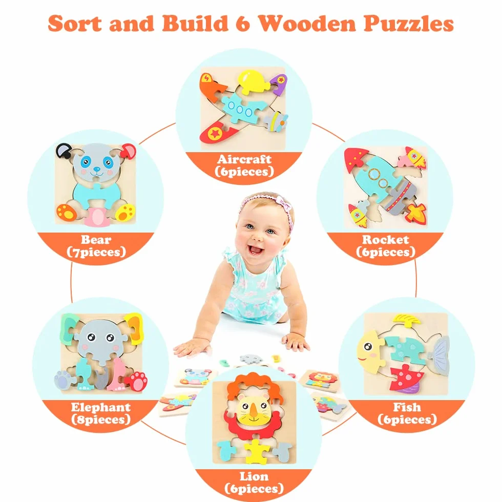 HOTUT Puzzles de Madera de Animales para Niños,6pcs Rompecabezas Puzzle Juguetes Bebes,Puzzles de Madera Juguetes Bebes, Montessori Puzzle Bebe Infantiles,para Niños
