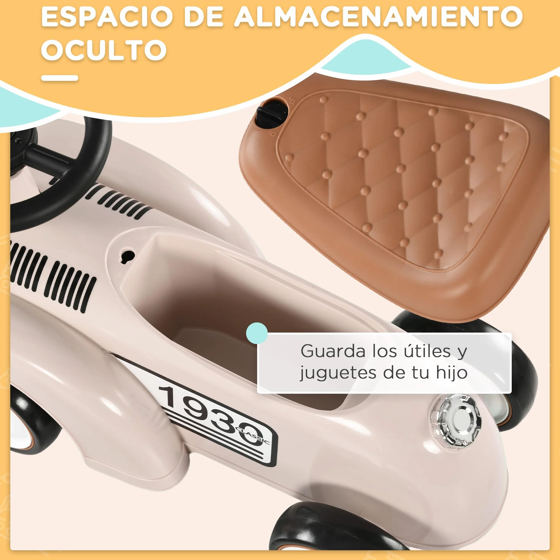 AIYAPLAY Correpasillos para Bebés de 12 a 36 Meses Coche sin Pedales con Bocina Compartimento de Almacenaje y Volante para Interior y Exterior 58x27x35 cm Crema